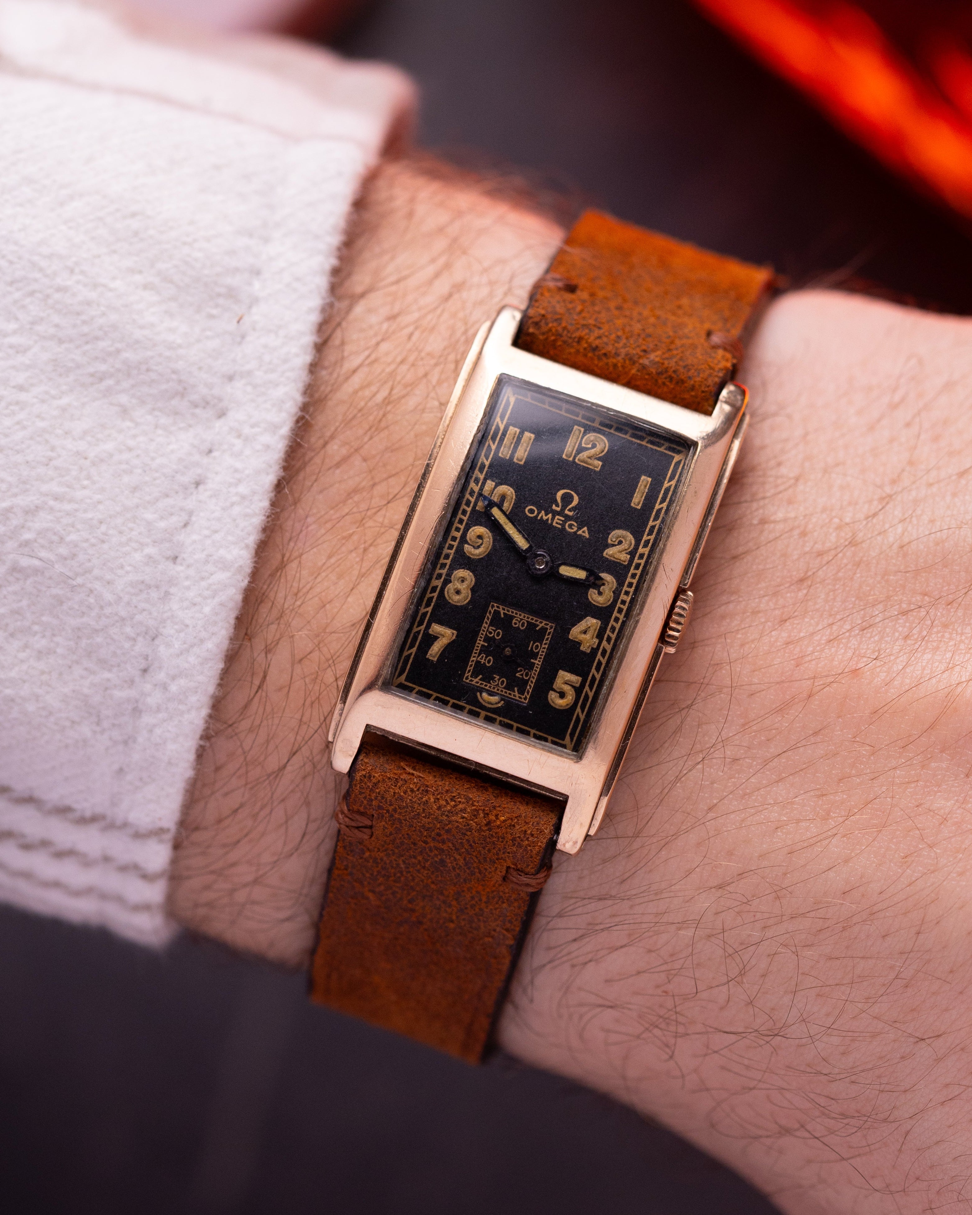 Mens watch "Omega" Solid Gold Cartier Style Tank from 1940s - VintageDuMarko