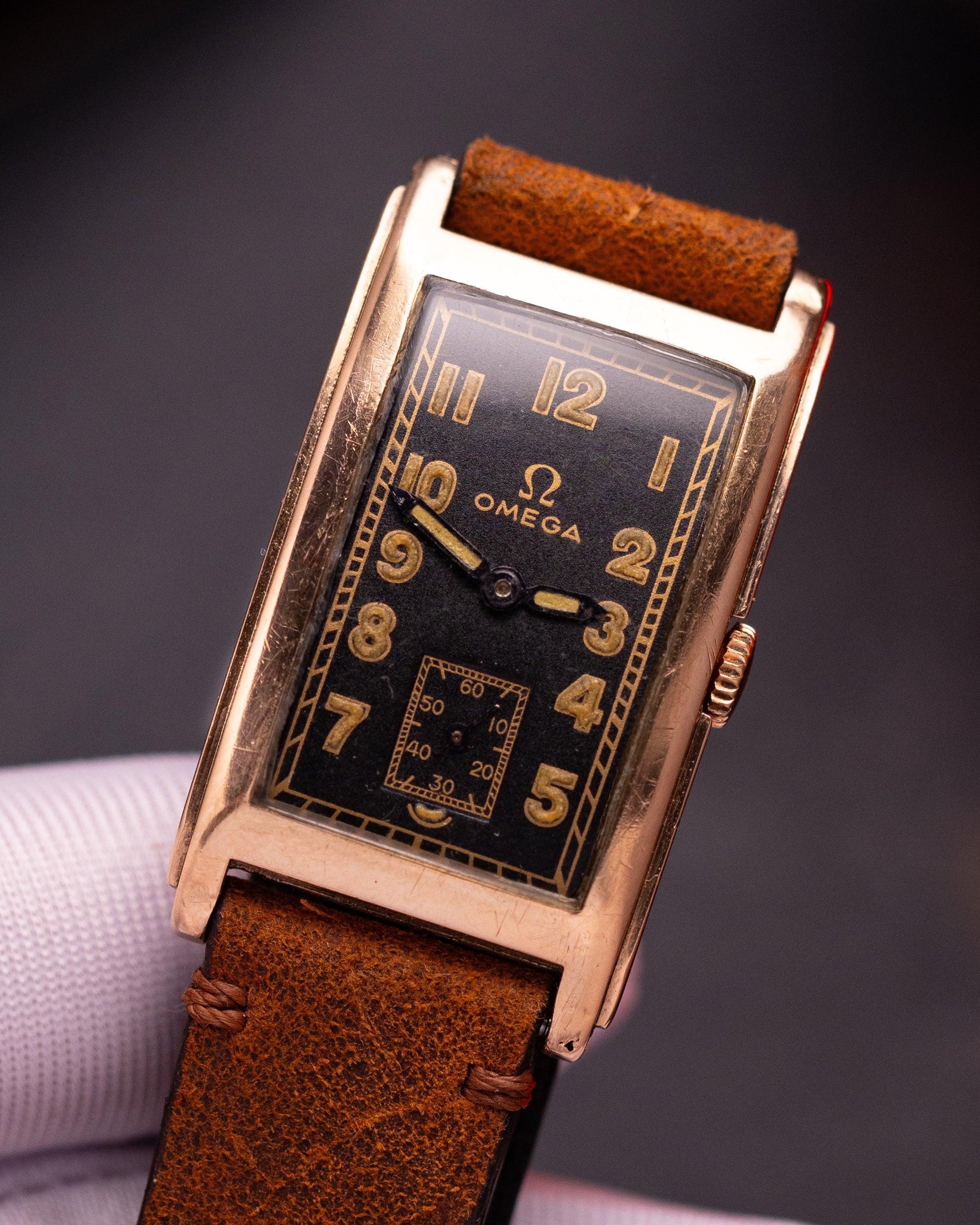 Mens watch "Omega" Solid Gold Cartier Style Tank from 1940s - VintageDuMarko