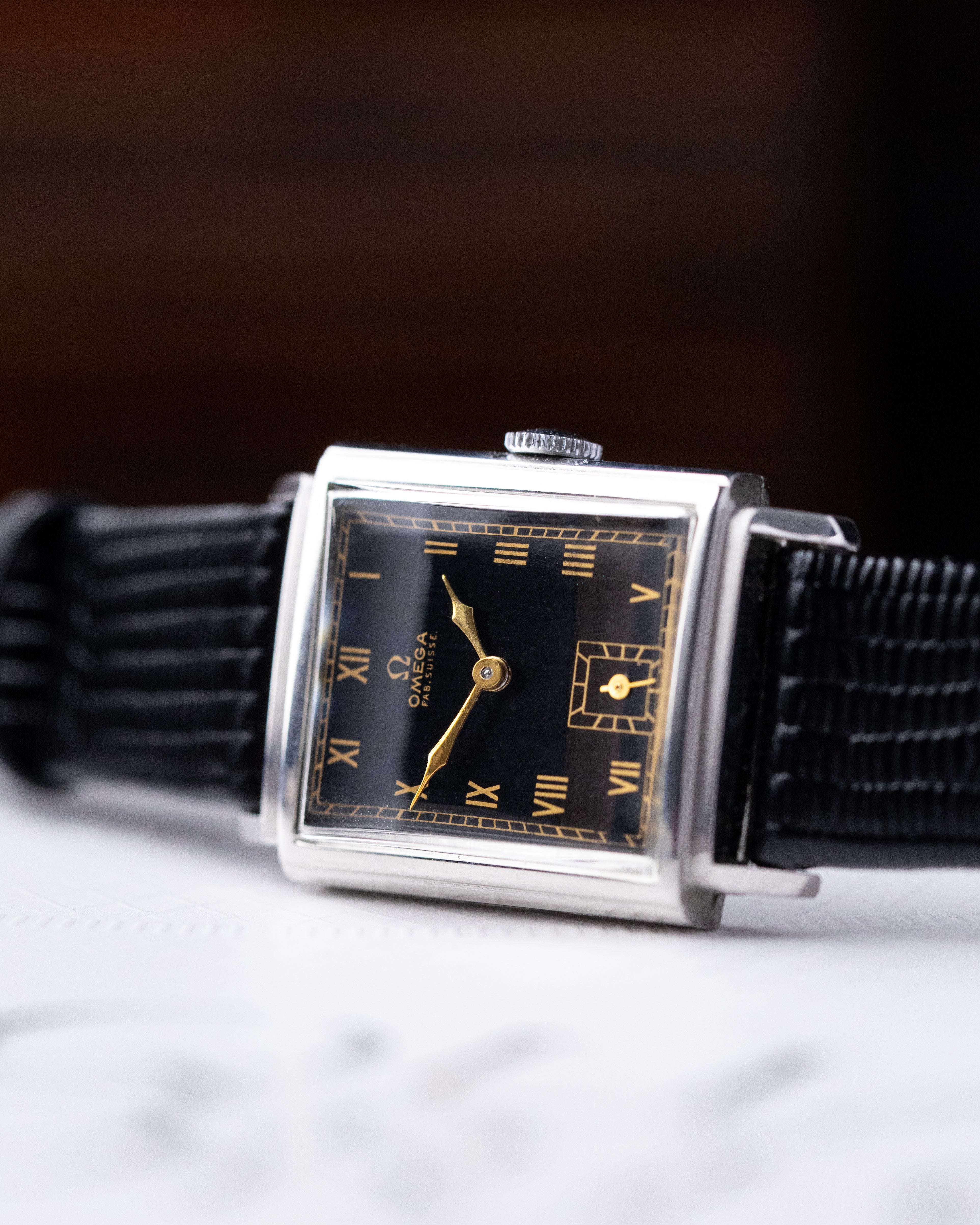 Omega Vintage Art Deco Tank, Black Gilt Dial, Roman Numerals from 1940 - DuMarko