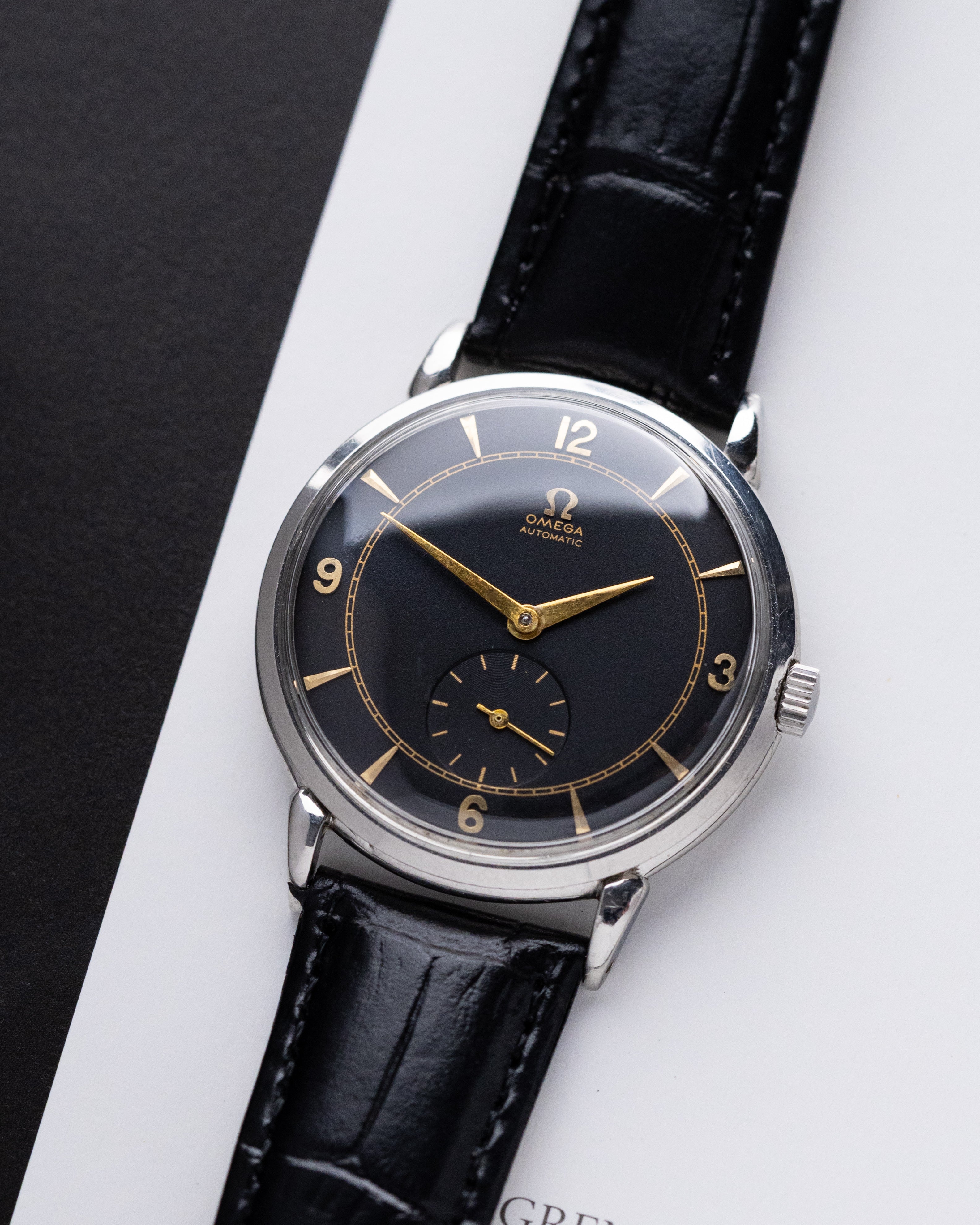 Omega Vintage Swiss Watch, Automatic Bumper, Ref. 2398, Black gilt dial - DuMarko