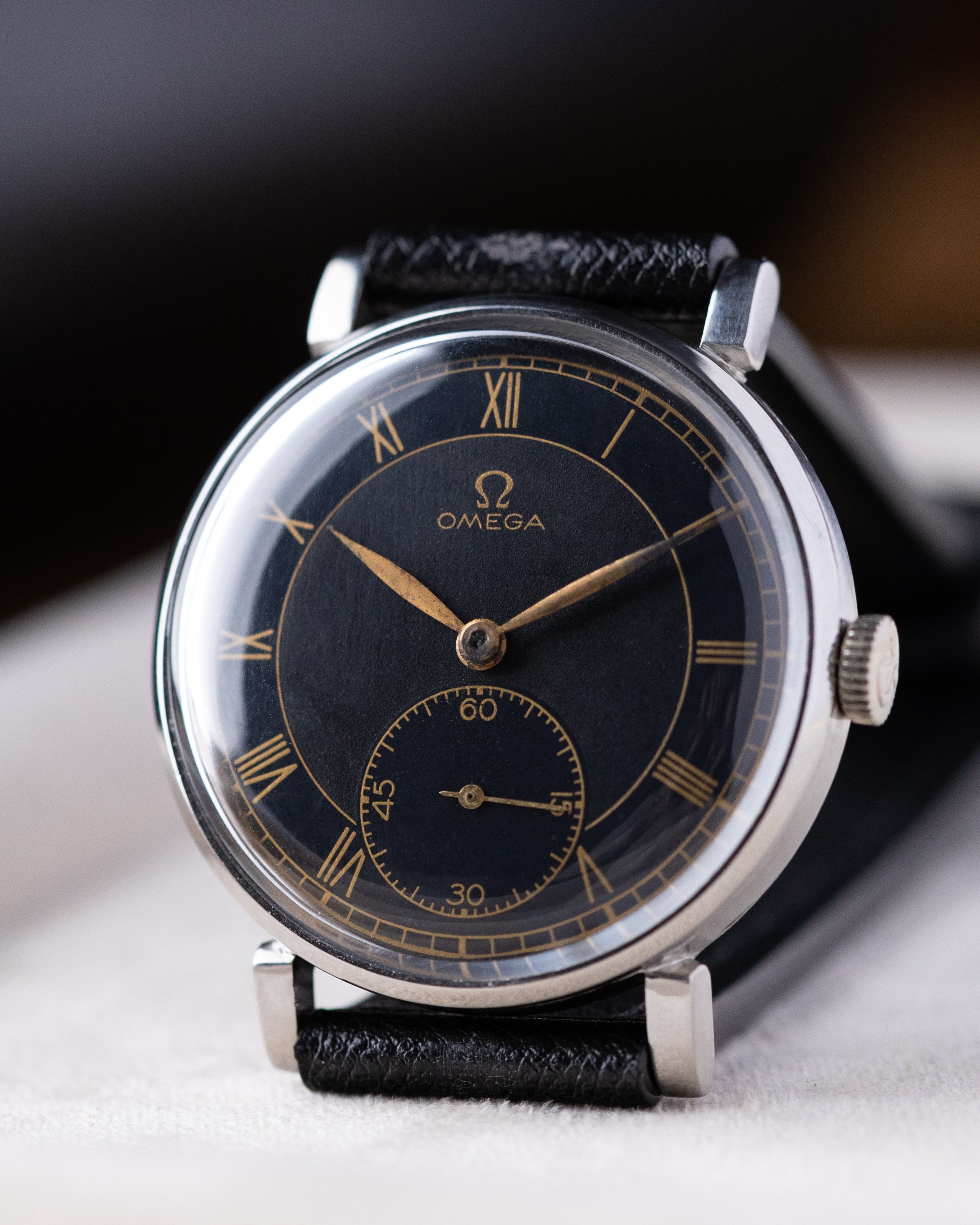 Vintage Omega Swiss watch, Black Gilt Dial, Roman Numerals, Art