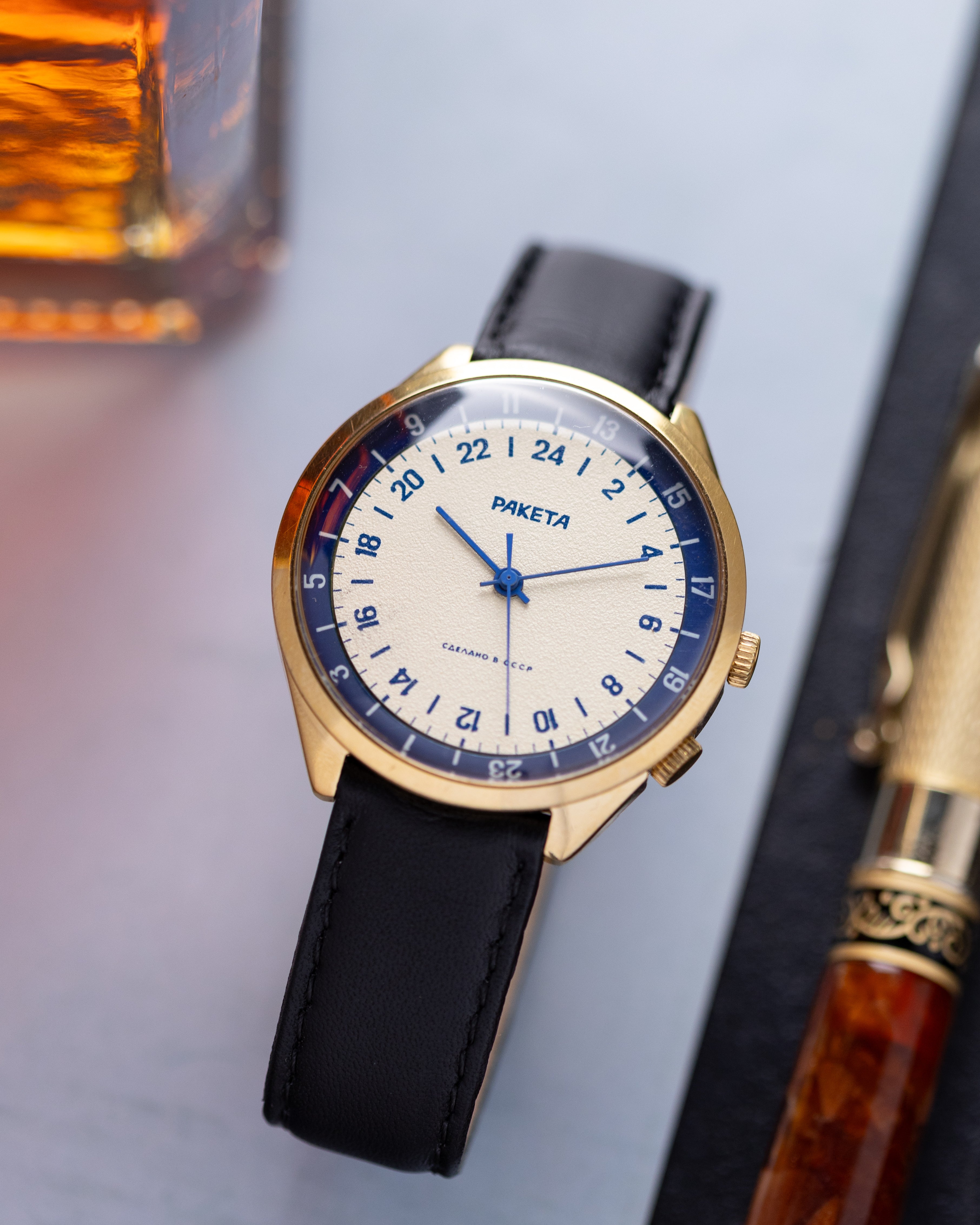 Raketa Vintage Gold - plated watch, 24 hours, Oversize case 40 mm from 1980's, Original Box and Papers - DuMarko