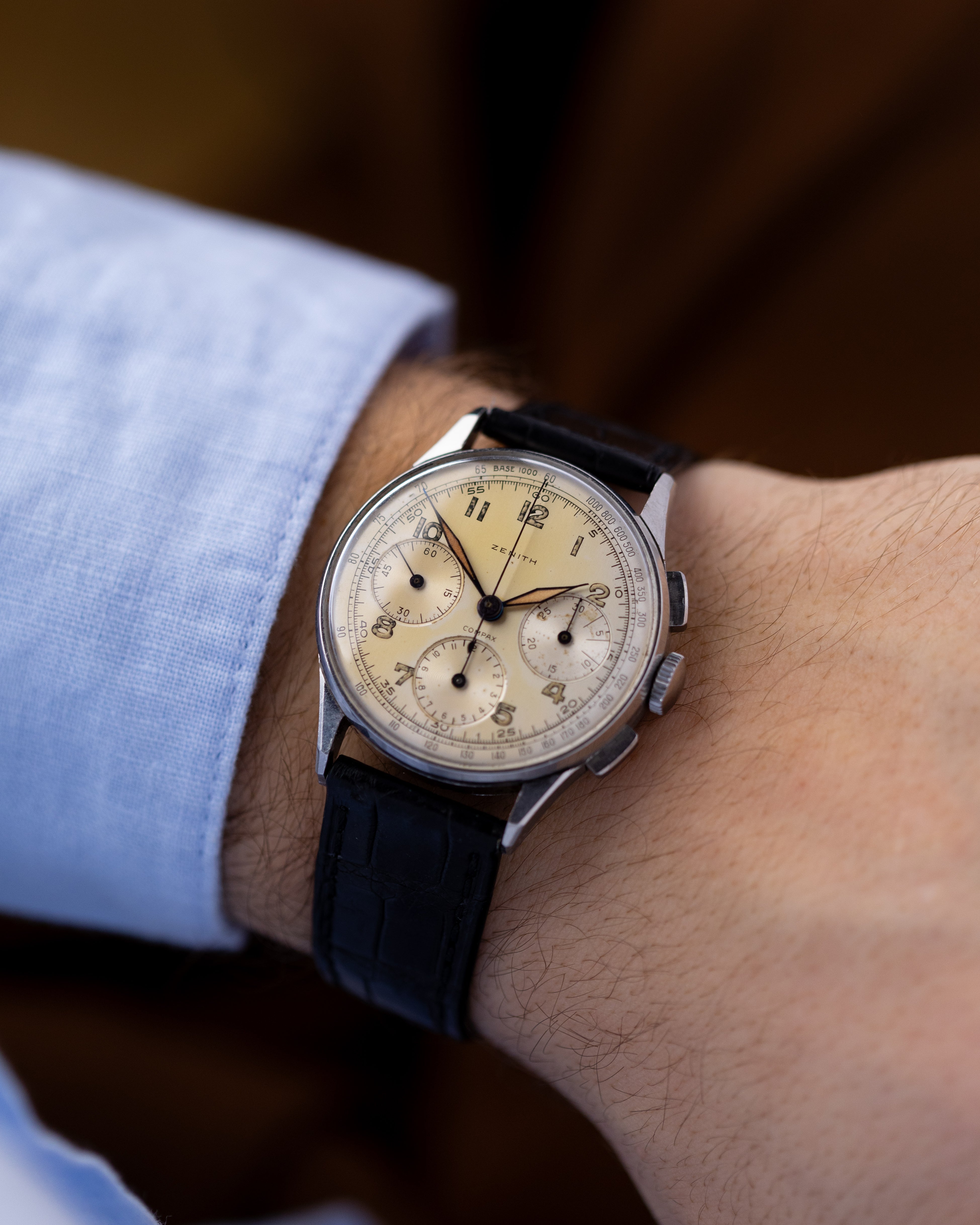 Rare Vintage Zenith/Universal Genève Compax Chronograph, Ref. 22510, Cal. 156, Tri - Register, Cream Patina Dial from 1940s - DuMarko
