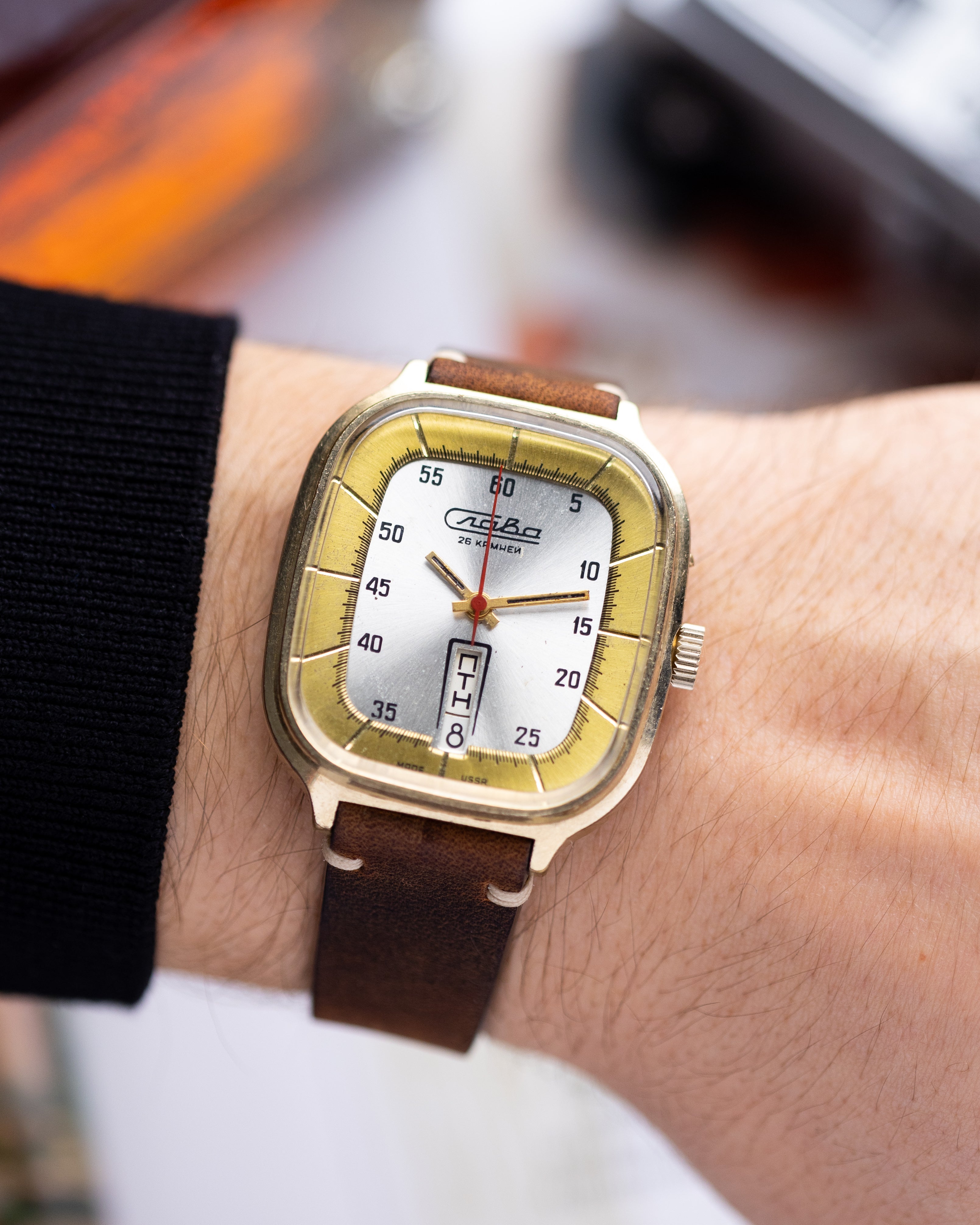 Slava Fridge, Oversize 38 mm Tank, Art Deco Soviet watch from