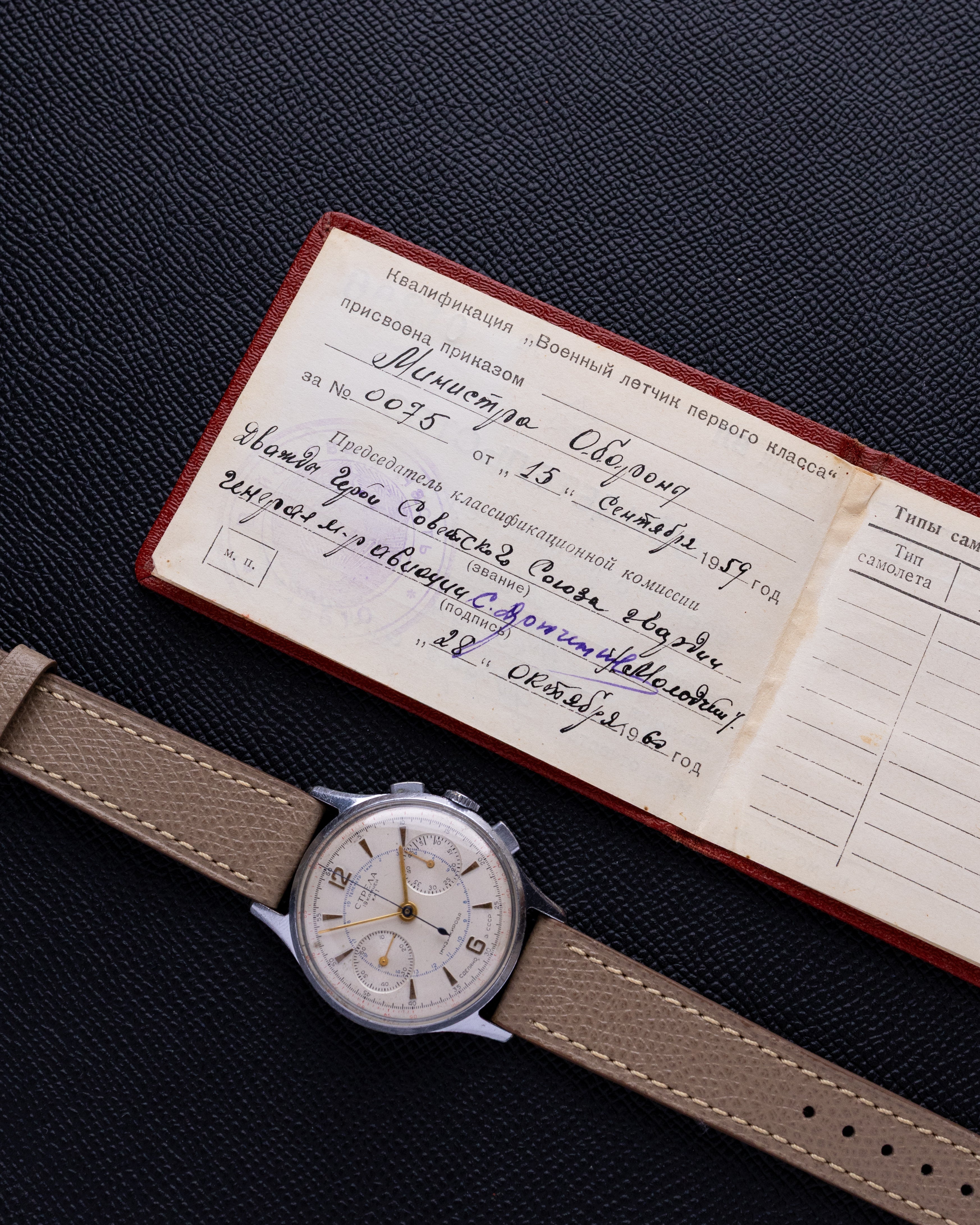 Soviet Vintage Chronograph Strela Original cal.3017 for Aviarors, Watch + Pilot's Certificate - DuMarko