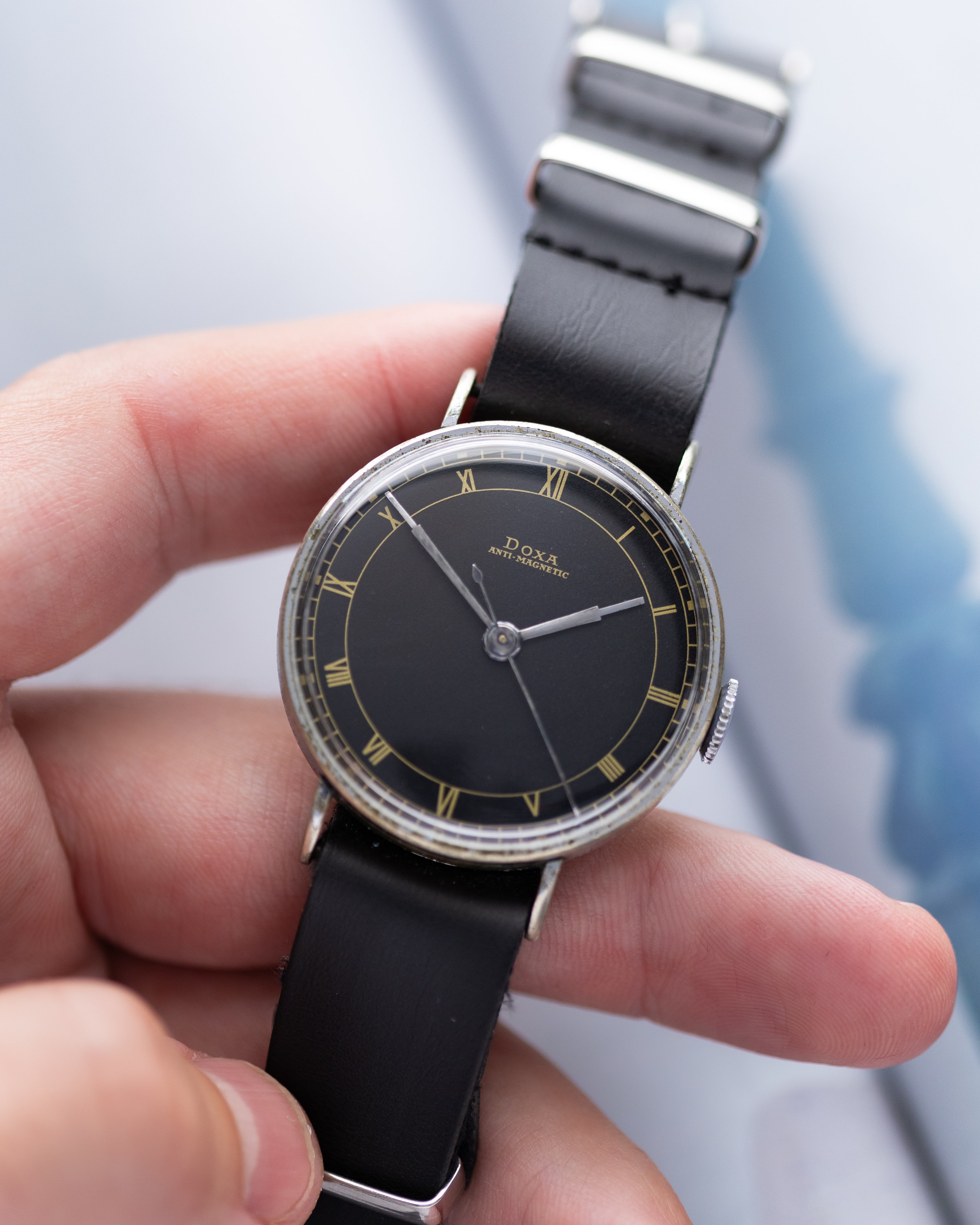 Vintage "Doxa" Military Swiss Watch for Men, Rare Black Dial - DuMarko