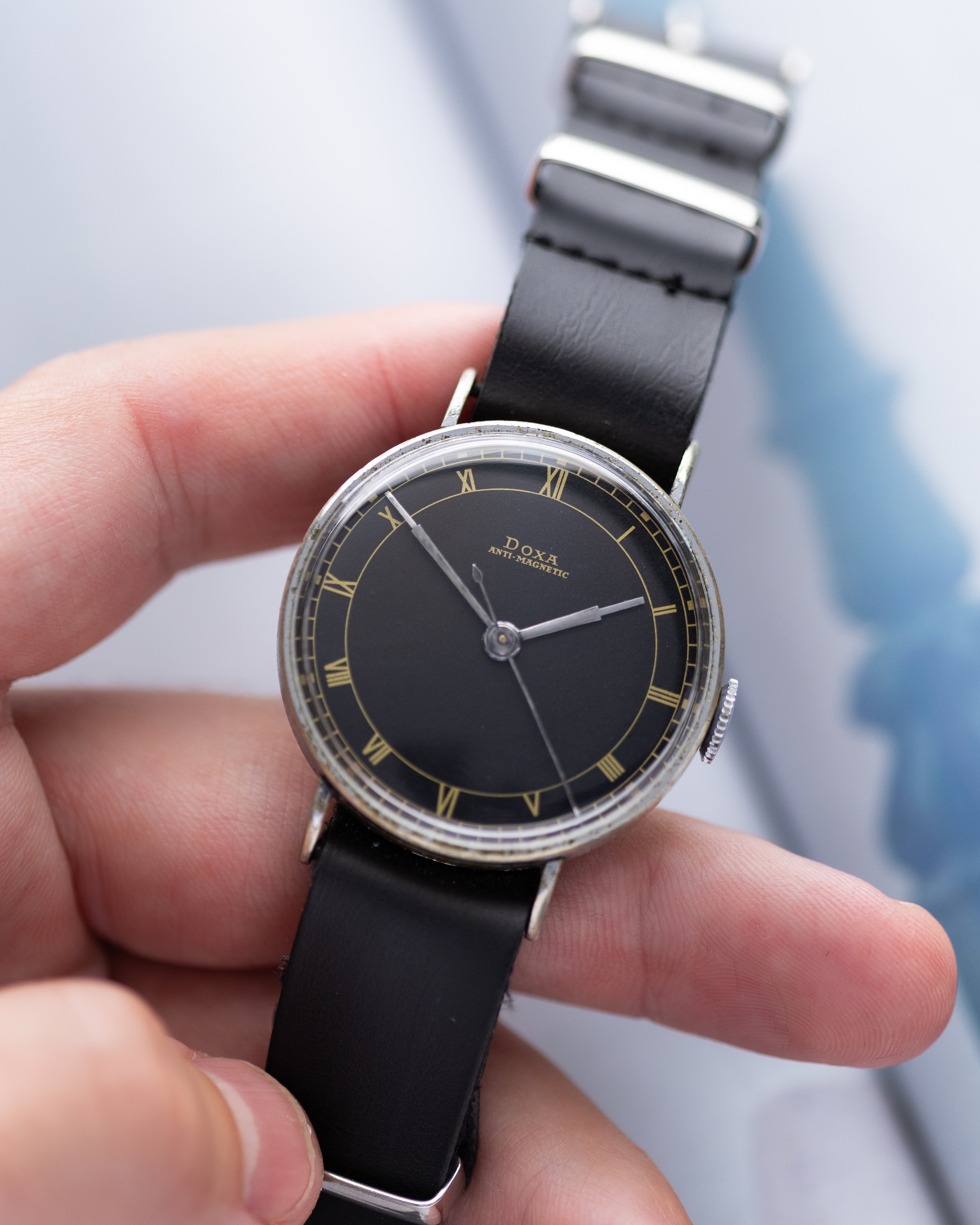 Vintage "Doxa" Military Swiss Watch for Men, Rare Black Dial - DuMarko