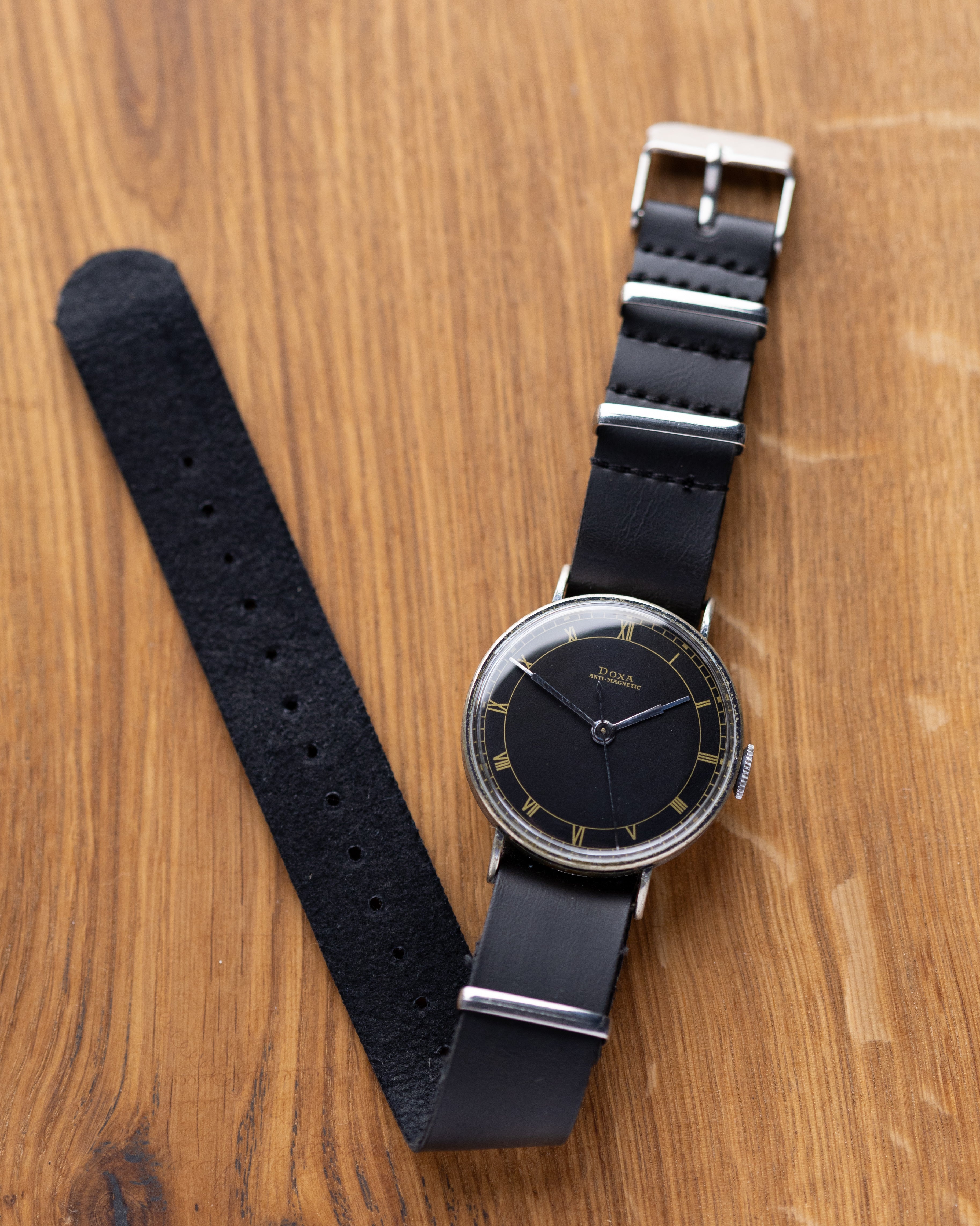 Vintage "Doxa" Military Swiss Watch for Men, Rare Black Dial - DuMarko