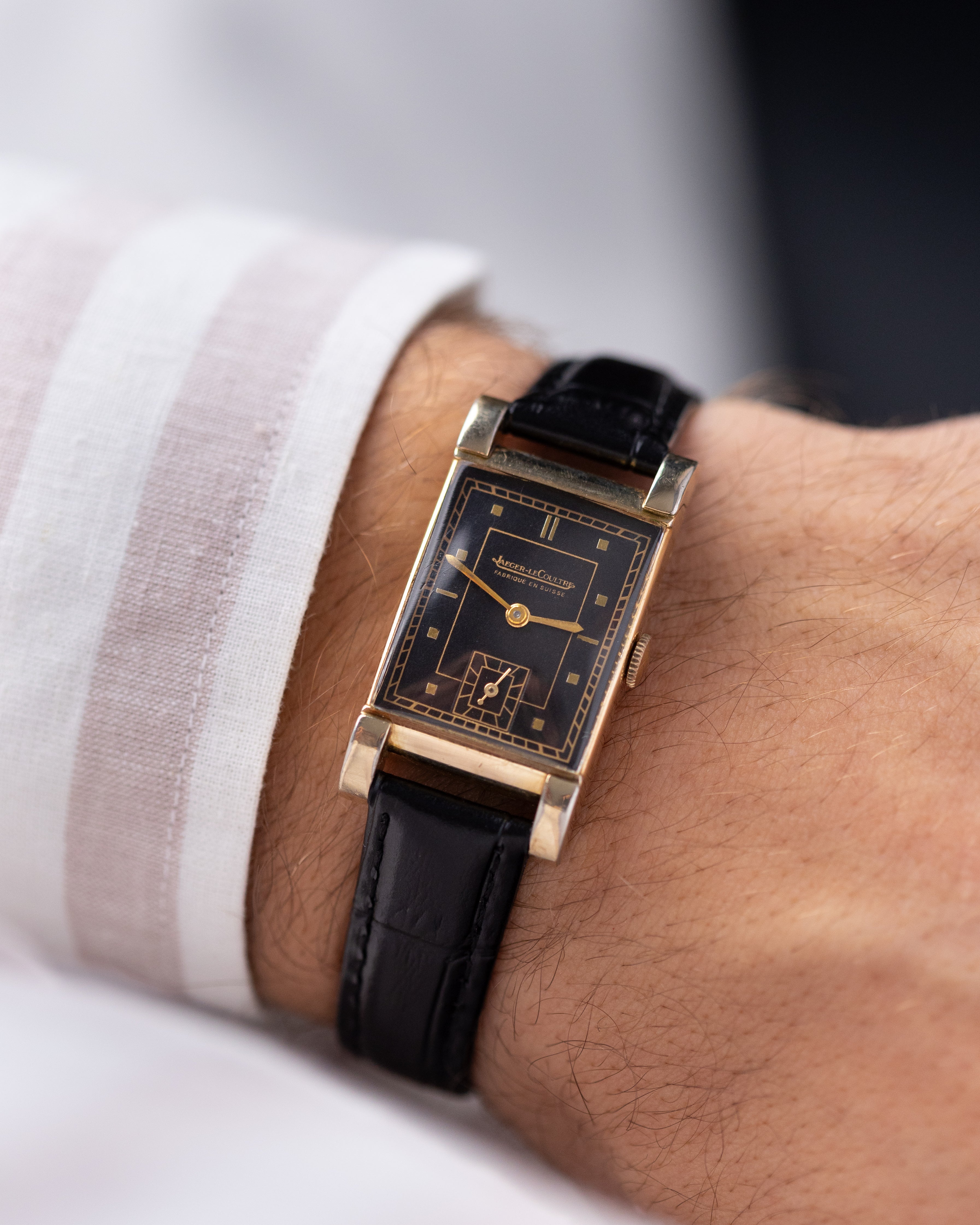 Vintage Jaeger - LeCoultre Art Deco Tank, Black gilt dial, Gold - filled case from 1940's - DuMarko