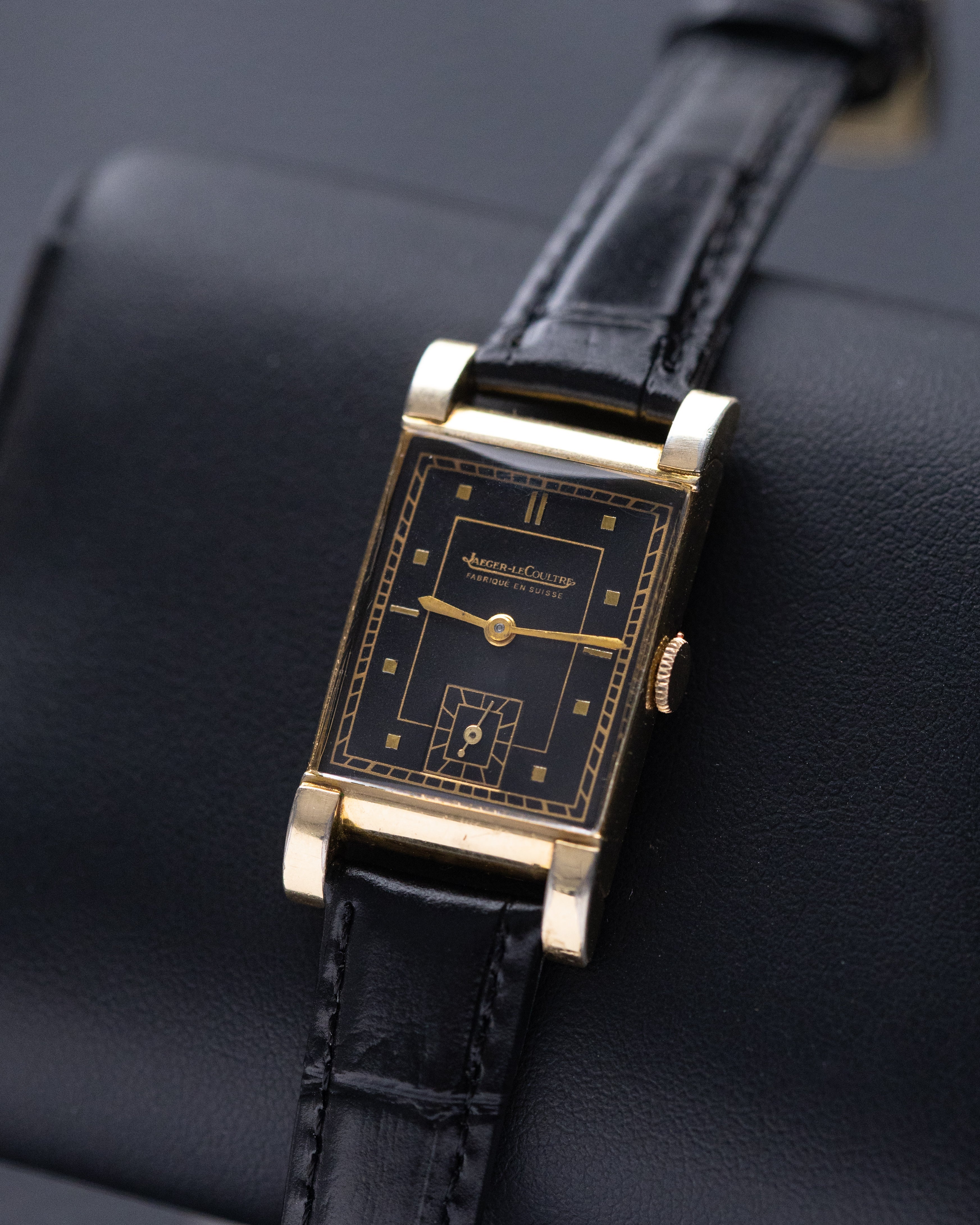 Vintage Jaeger - LeCoultre Art Deco Tank, Black gilt dial, Gold - filled case from 1940's - DuMarko