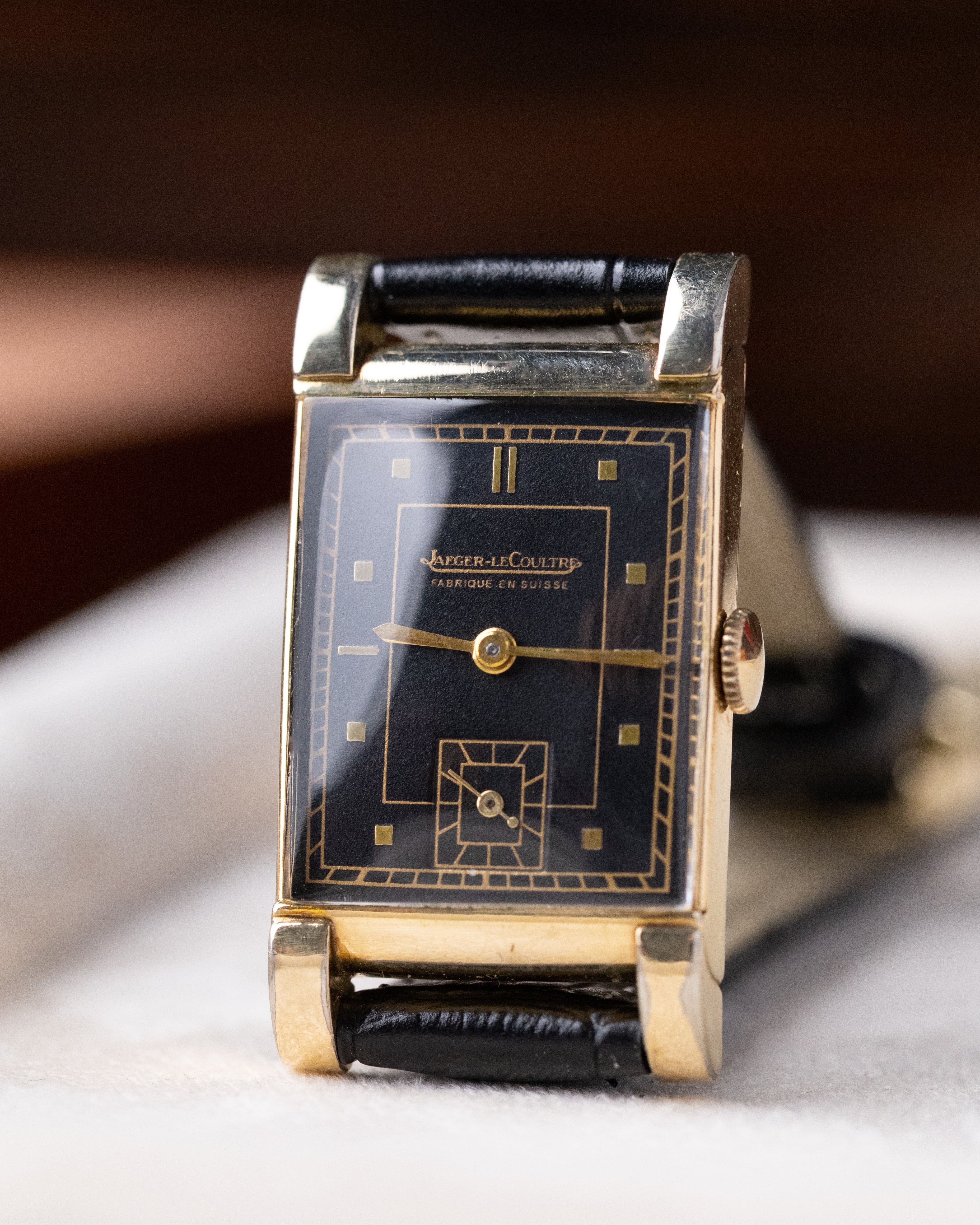 Vintage Jaeger - LeCoultre Art Deco Tank, Black gilt dial, Gold - filled case from 1940's - DuMarko