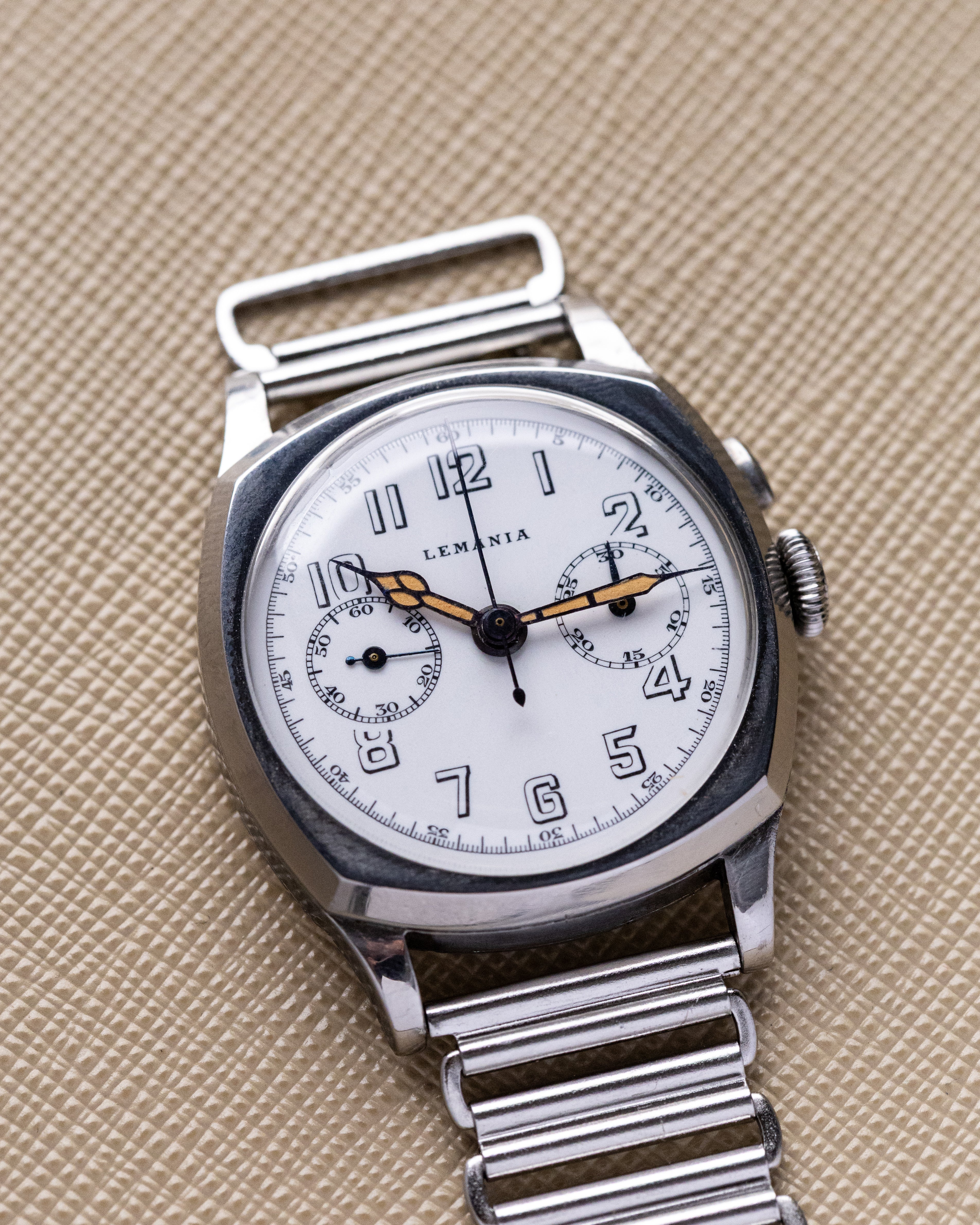 Vintage Lemania Monopusher Chronograph, Rare Steel Cushion Case, Cal. 13CH, Enamel Dial from 1930's - DuMarko