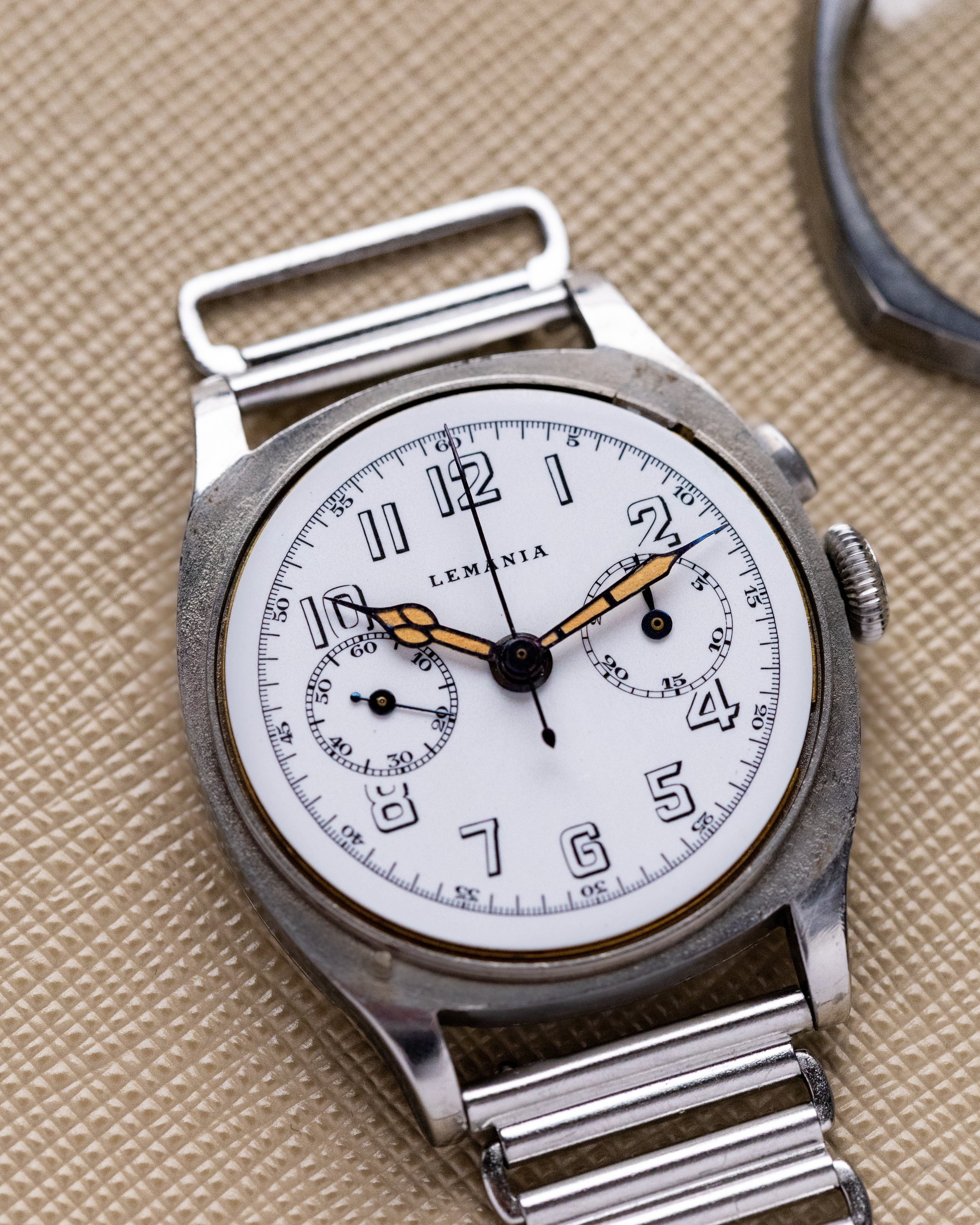 Vintage Lemania Monopusher Chronograph, Rare Steel Cushion Case, Cal. 13CH, Enamel Dial from 1930's - DuMarko