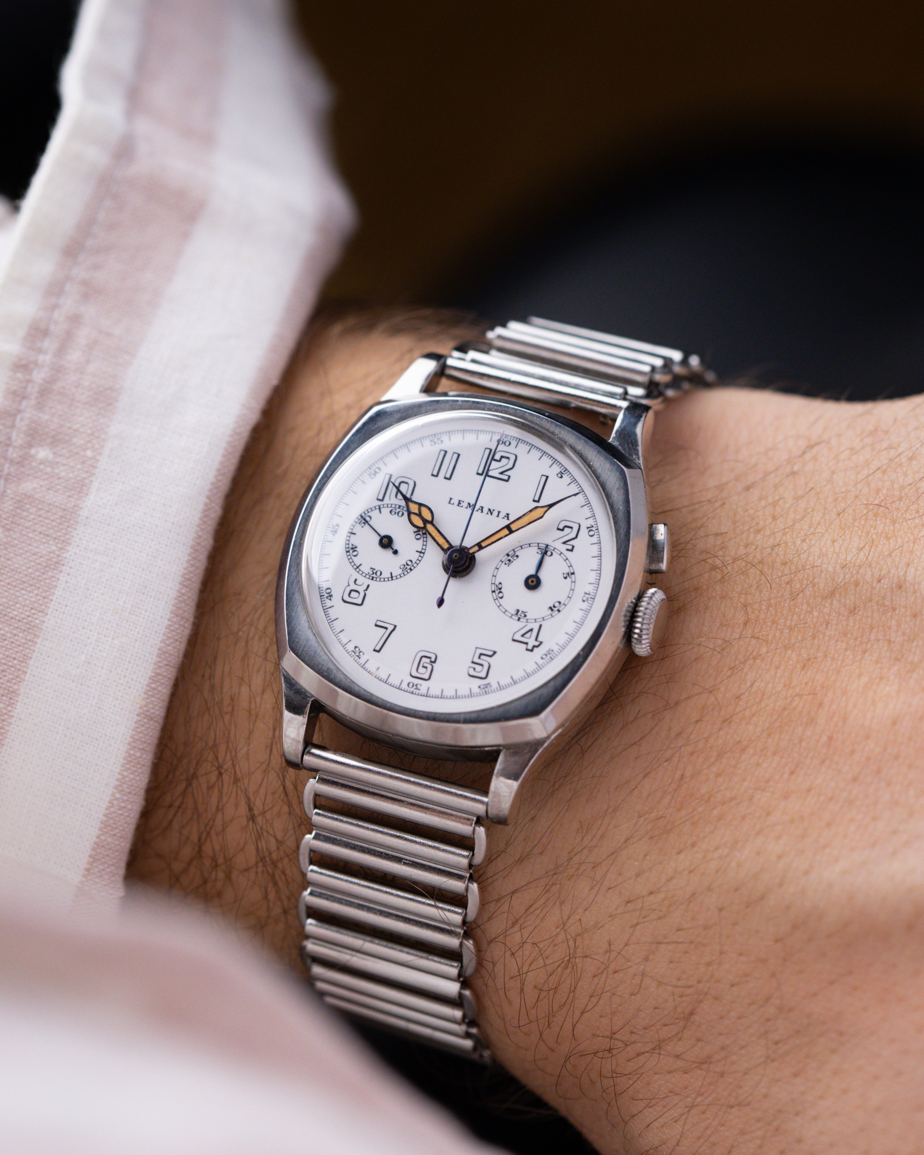 Vintage Lemania Monopusher Chronograph, Rare Steel Cushion Case, Cal. 13CH, Enamel Dial from 1930's - DuMarko