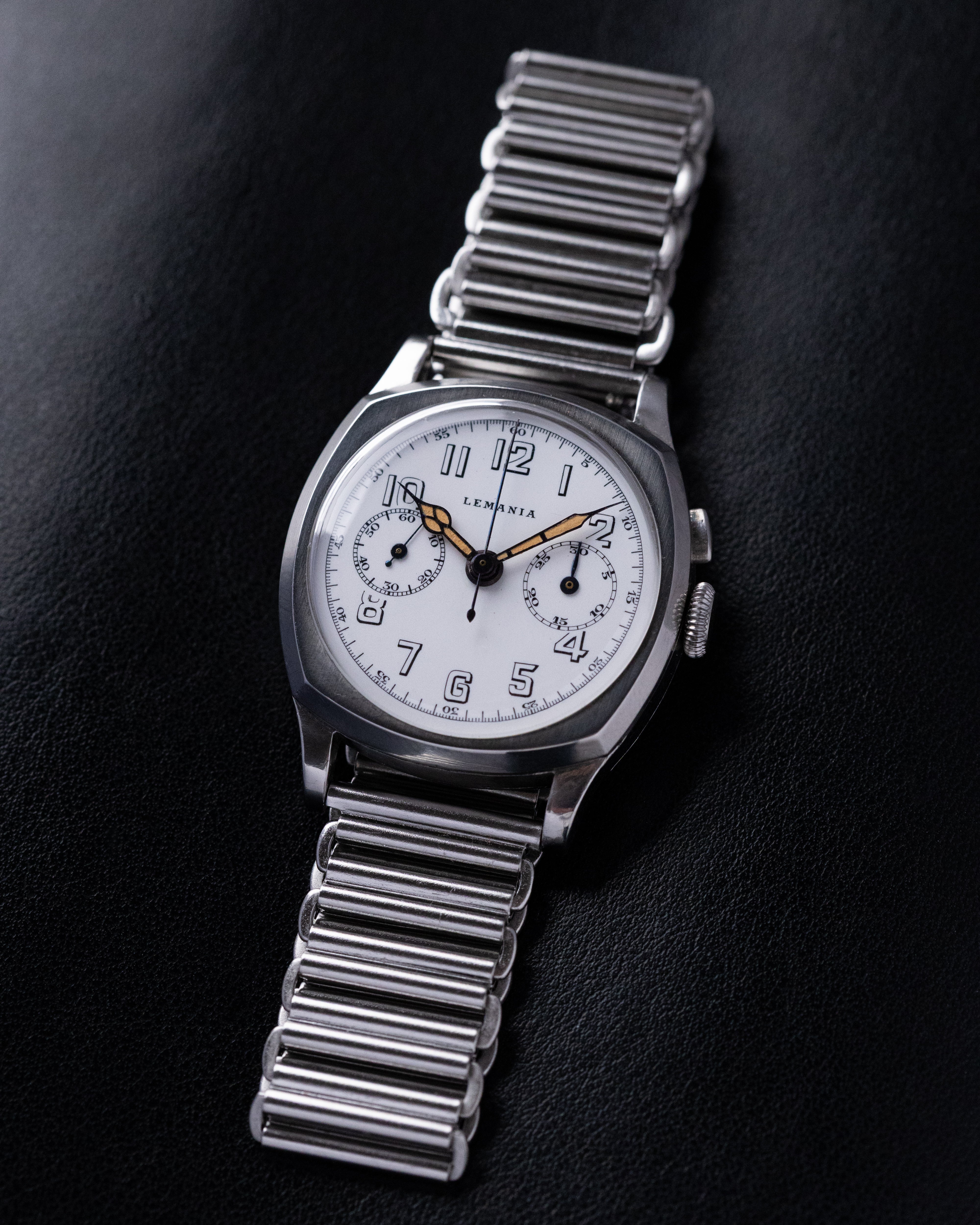 Vintage Lemania Monopusher Chronograph, Rare Steel Cushion Case, Cal. 13CH, Enamel Dial from 1930's - DuMarko