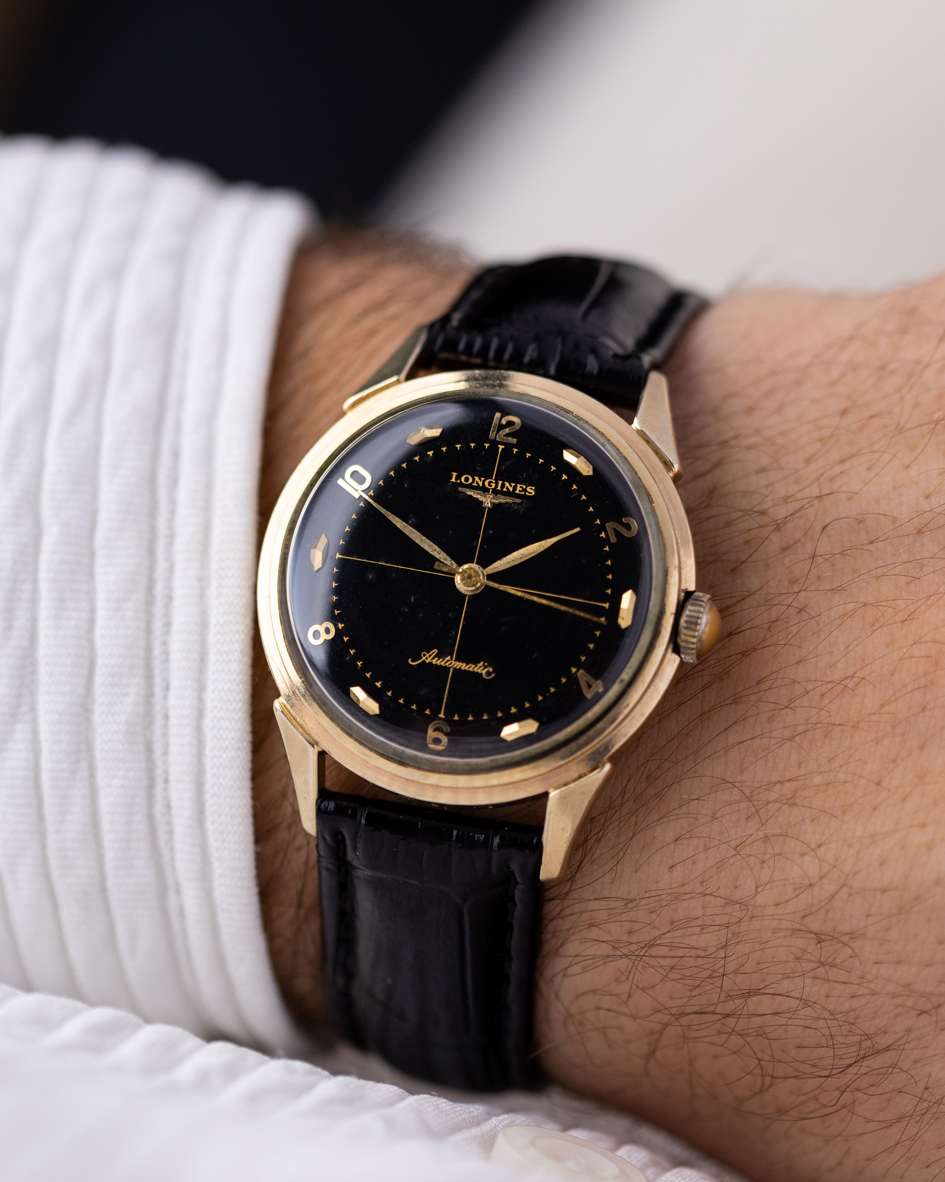 Vintage Longines Automatic Swiss Watch, Original Black Crosshair Gilt Dial, Cal. 19AS from 1955 - DuMarko