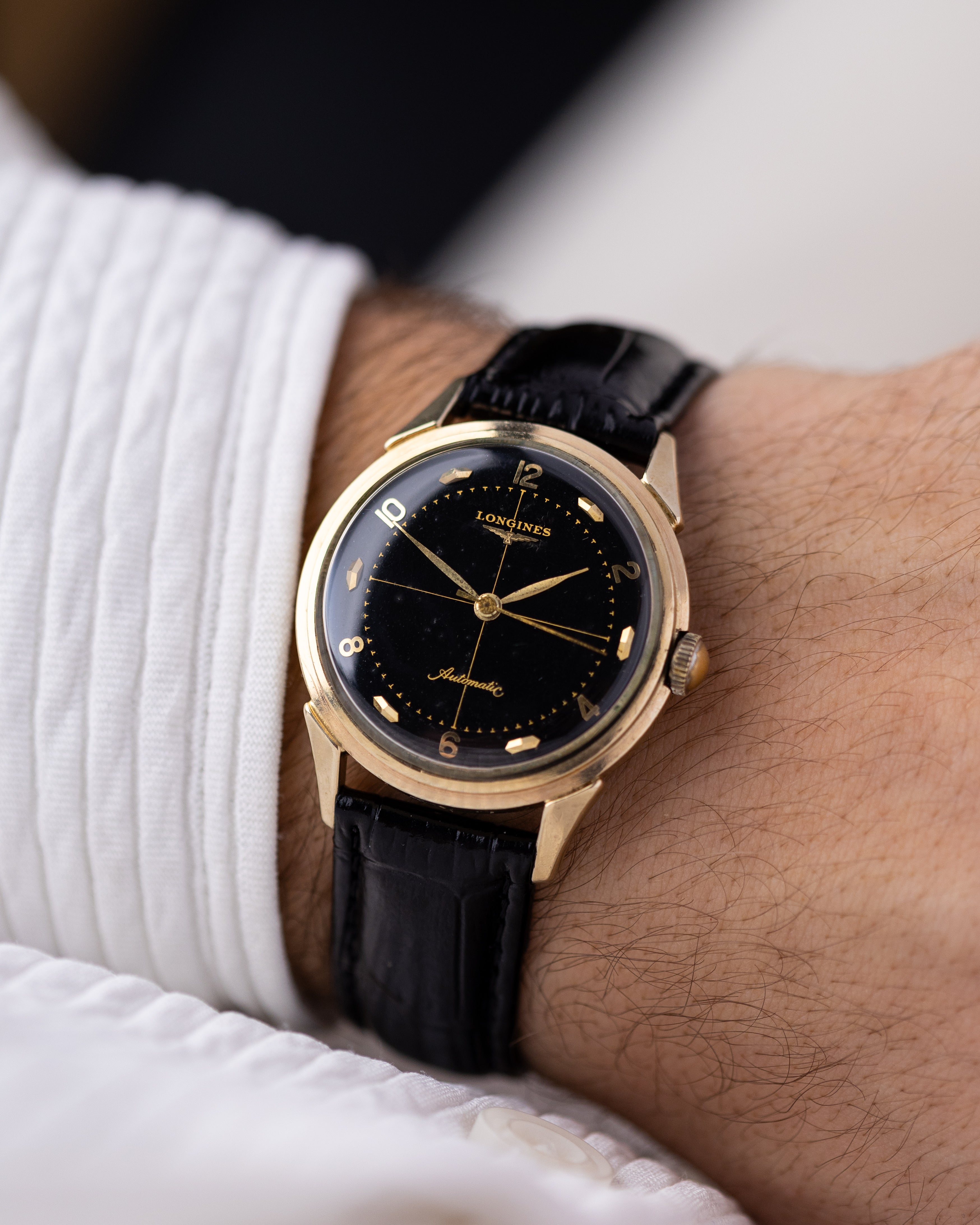 Vintage Longines Automatic Swiss Watch, Original Black Crosshair Gilt Dial, Cal. 19AS from 1955 - DuMarko