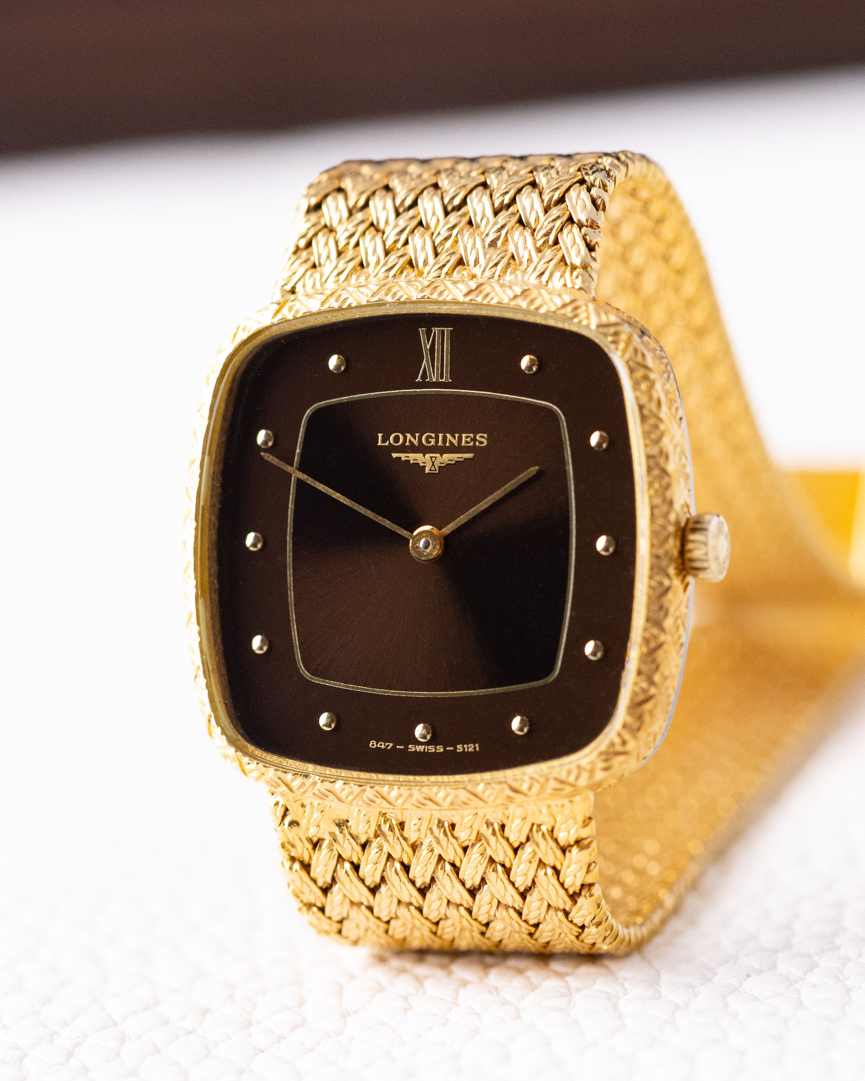 Vintage Longines Dress Watch, Cushion case, Chocolate Dial, Gold Mesh Bracelet, Cal. L847.4, Circa 1980 - DuMarko