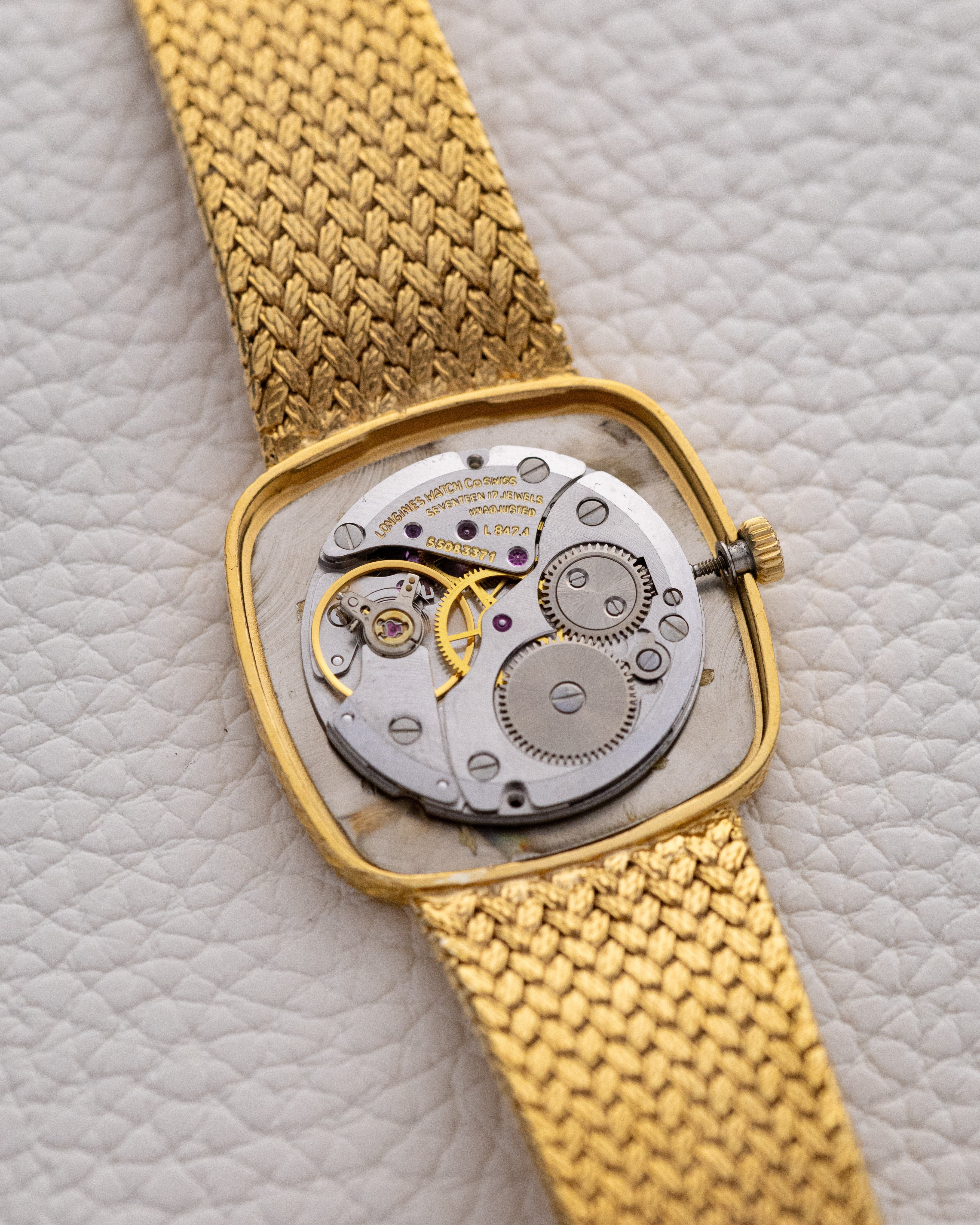Vintage Longines Dress Watch, Cushion case, Chocolate Dial, Gold Mesh Bracelet, Cal. L847.4, Circa 1980 - DuMarko