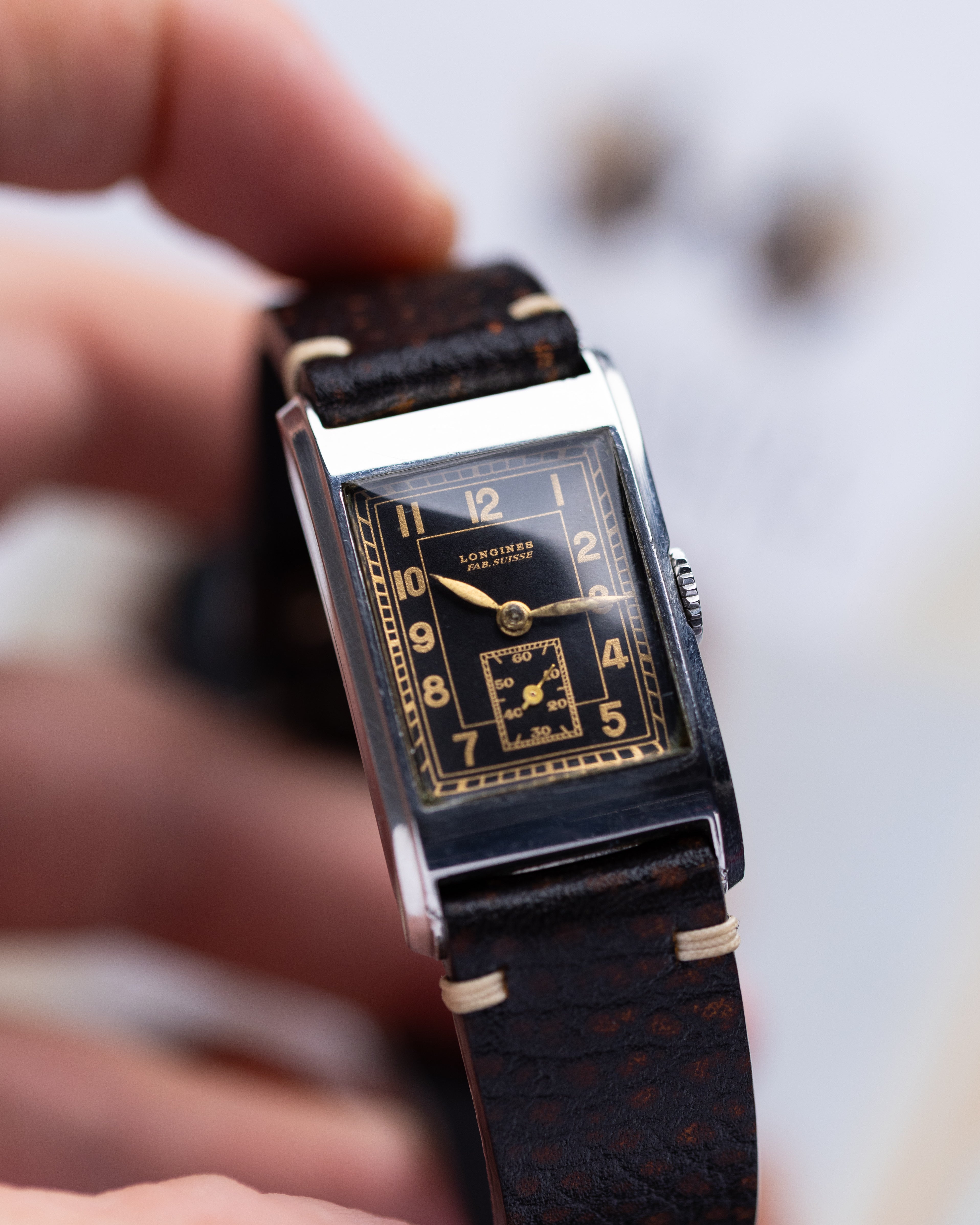 Vintage Longines, Rectangular Steel Tank, Gilded Dial from 1937 - DuMarko