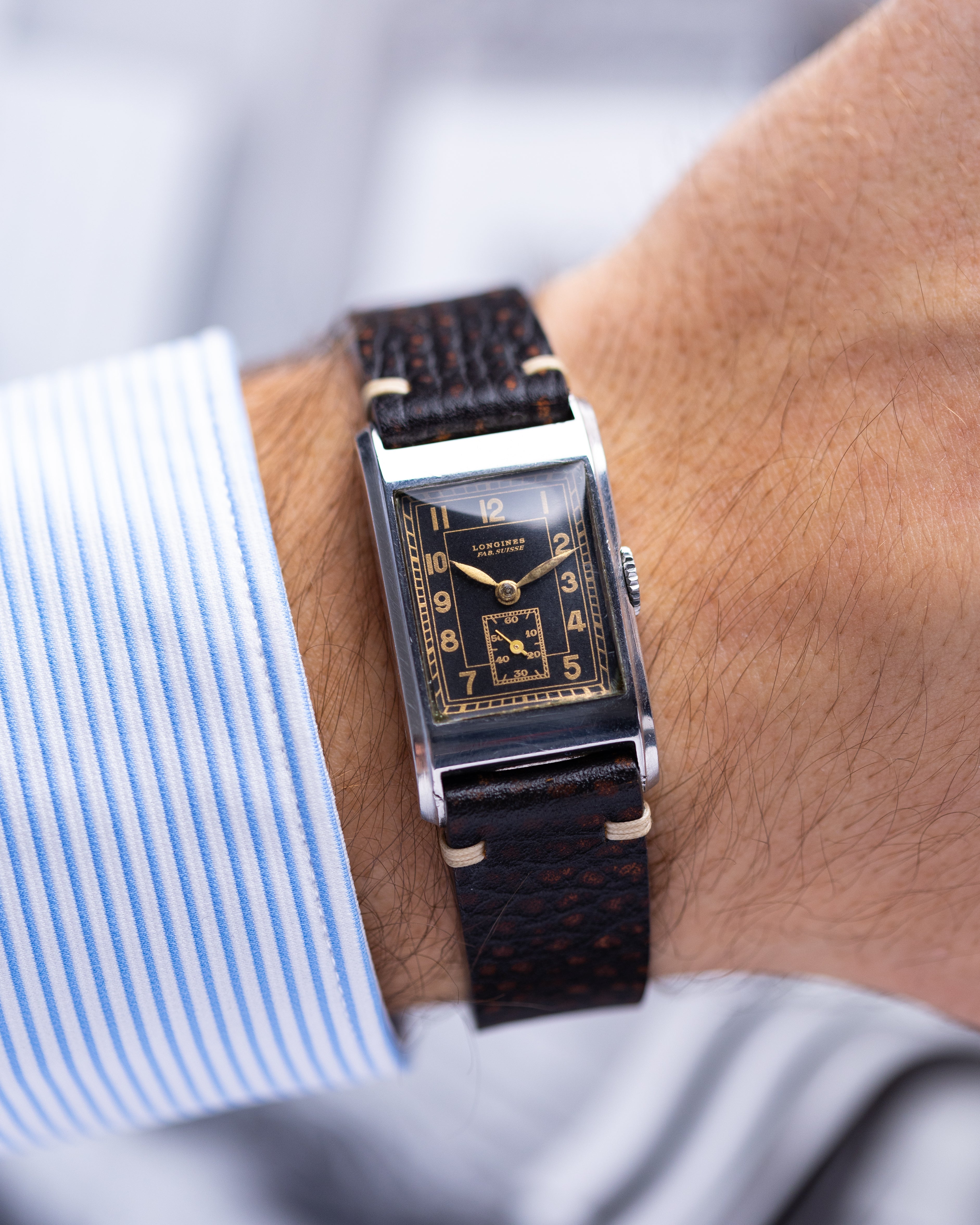 Vintage Longines, Rectangular Steel Tank, Gilded Dial from 1937 - DuMarko