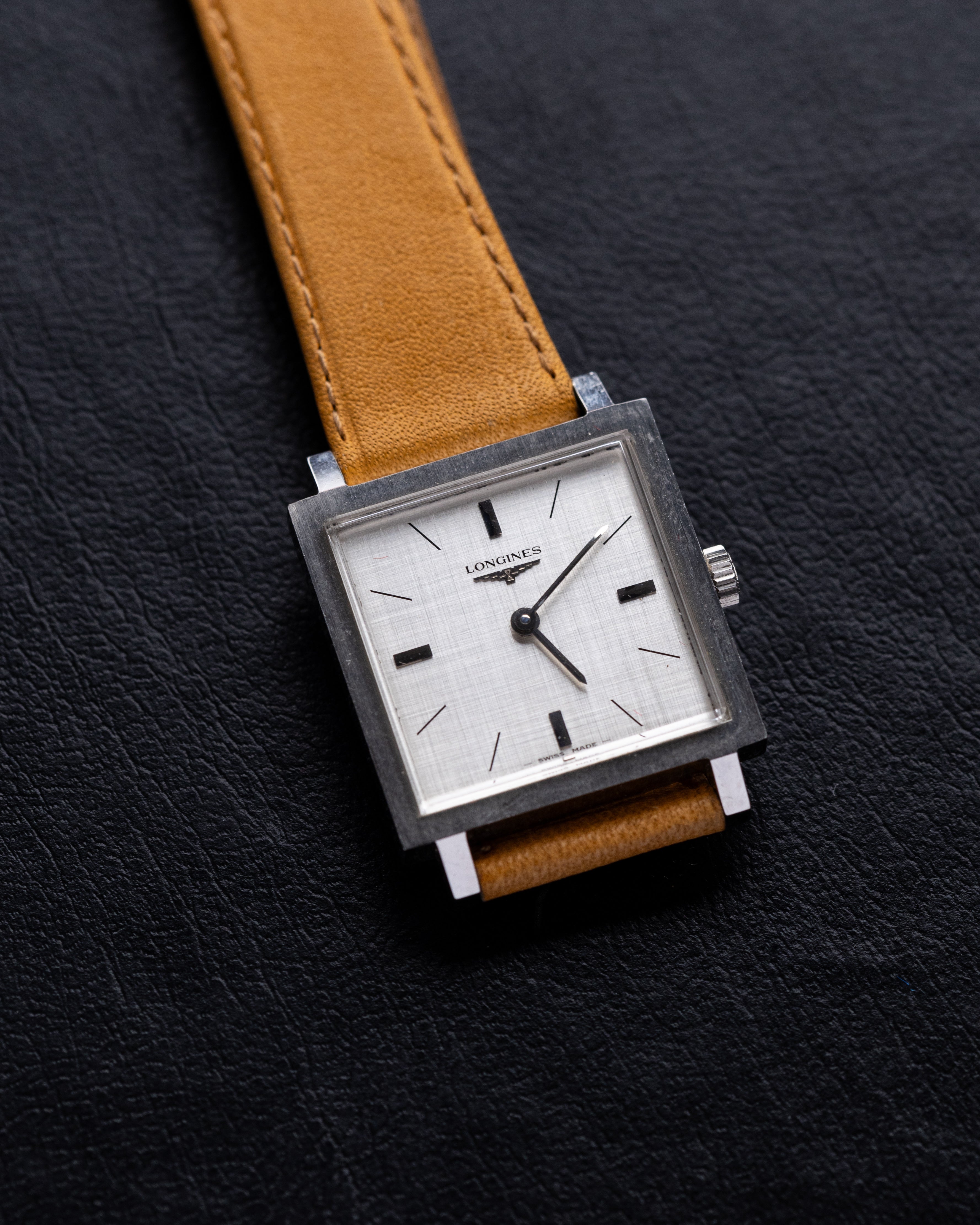 Vintage Longines Square Tank, Linen Silver Dial, Original Box, Swiss Watch from 1970's - DuMarko