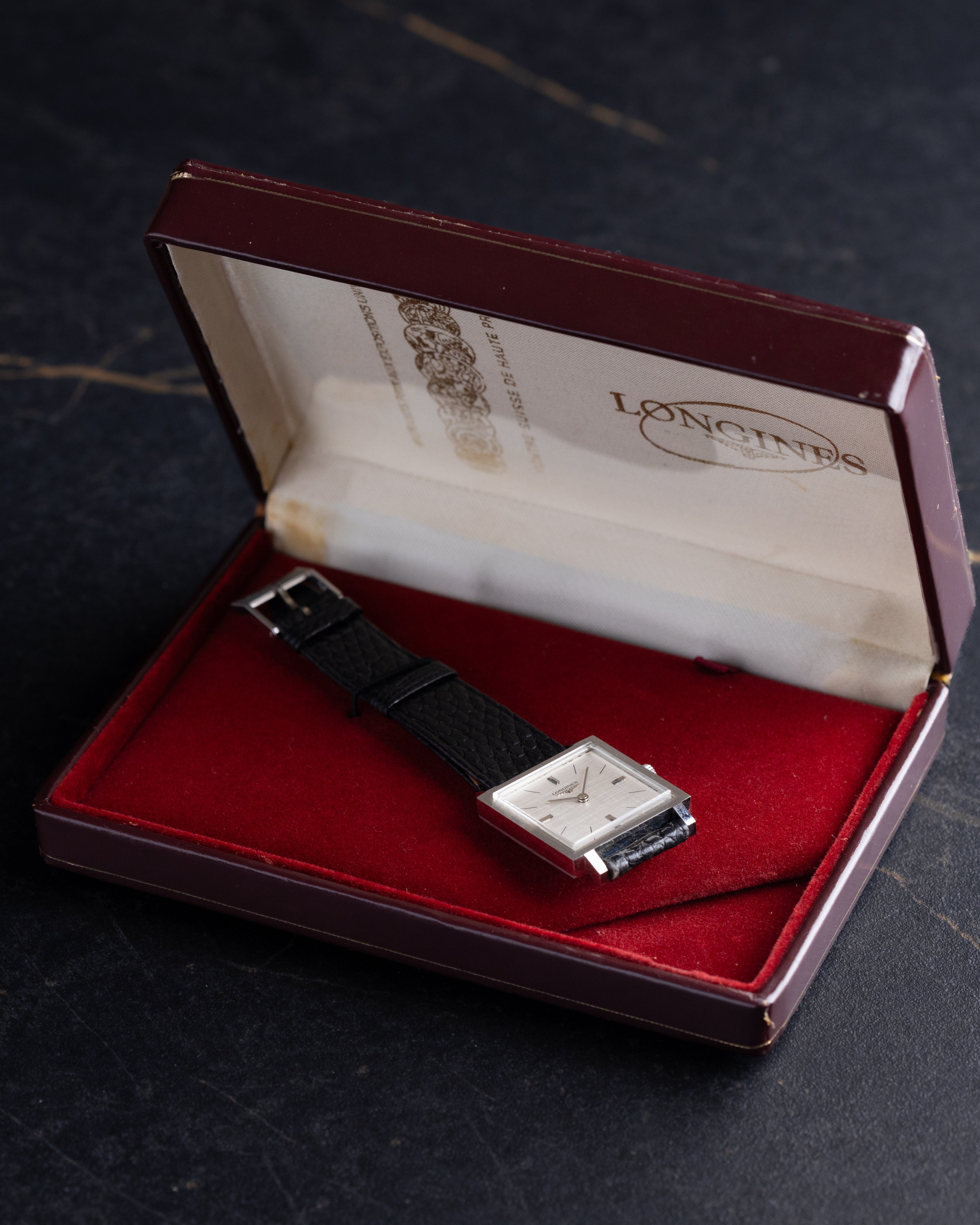 Vintage Longines Square Tank, Linen Silver Dial, Original Box, Swiss Watch from 1970's - DuMarko