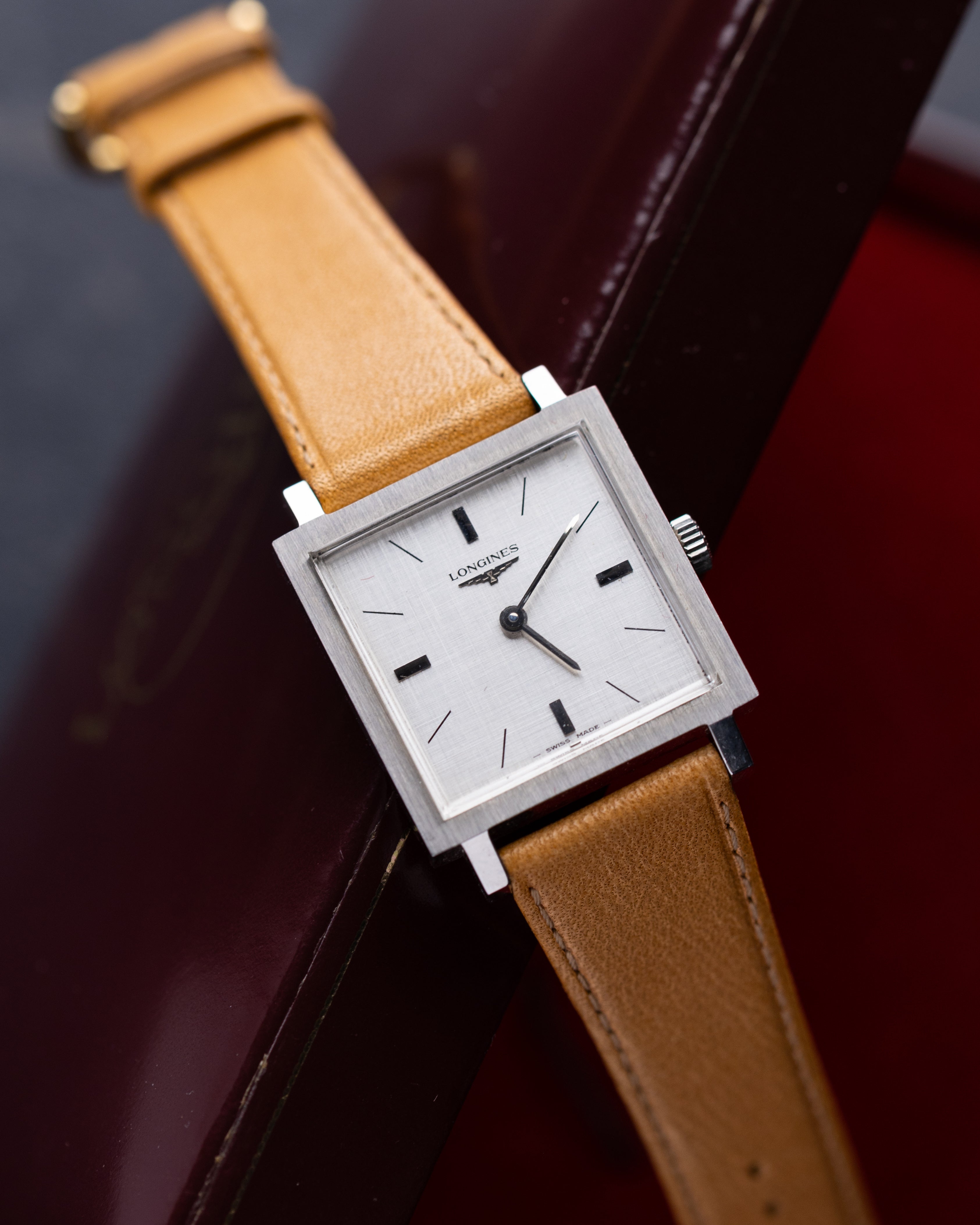 Vintage Longines Square Tank, Linen Silver Dial, Original Box, Swiss Watch from 1970's - DuMarko