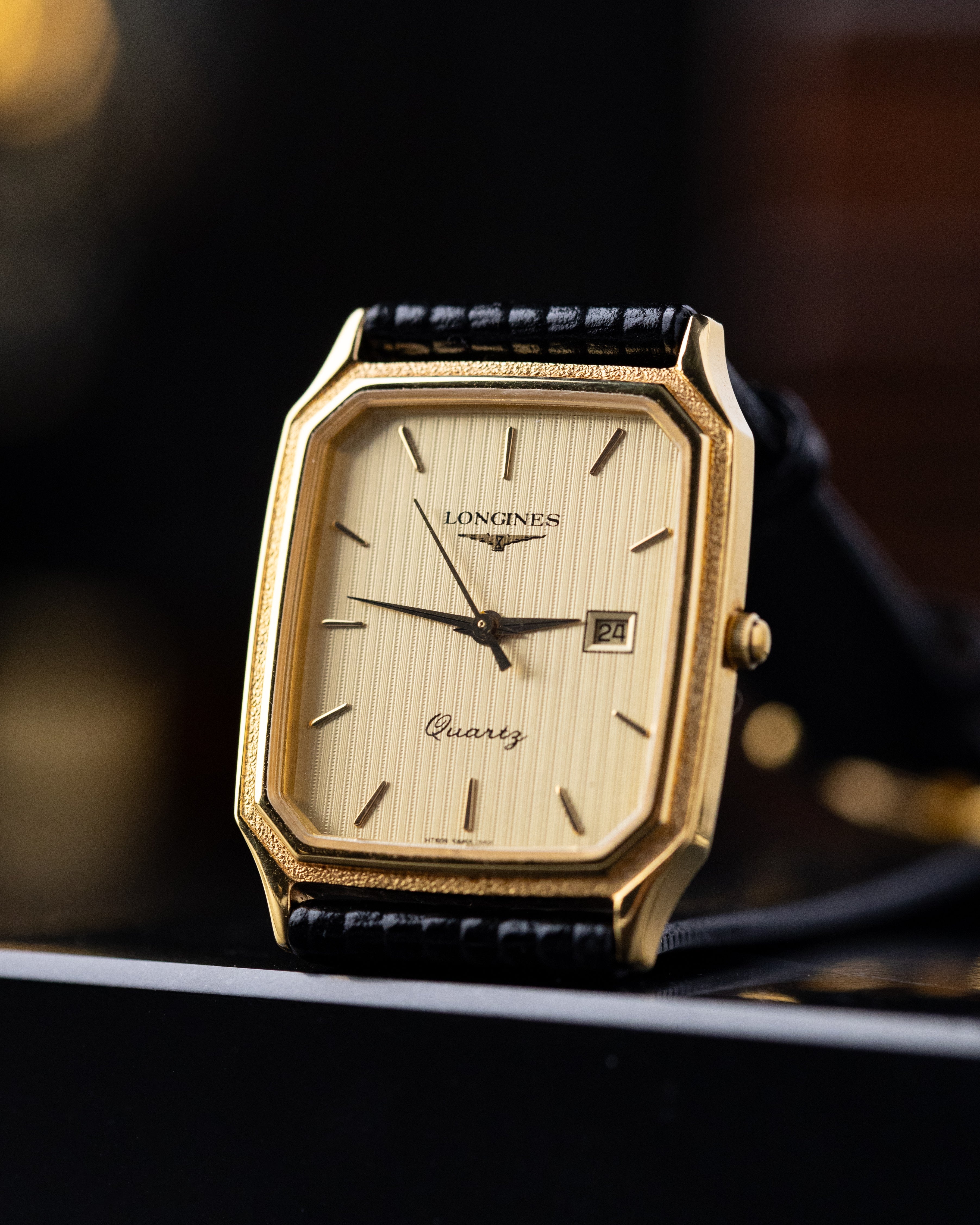 Vintage Longines Swiss Quartz Watch, Date Window, Art Deco Tank, Stripped Dial from 1985 - DuMarko