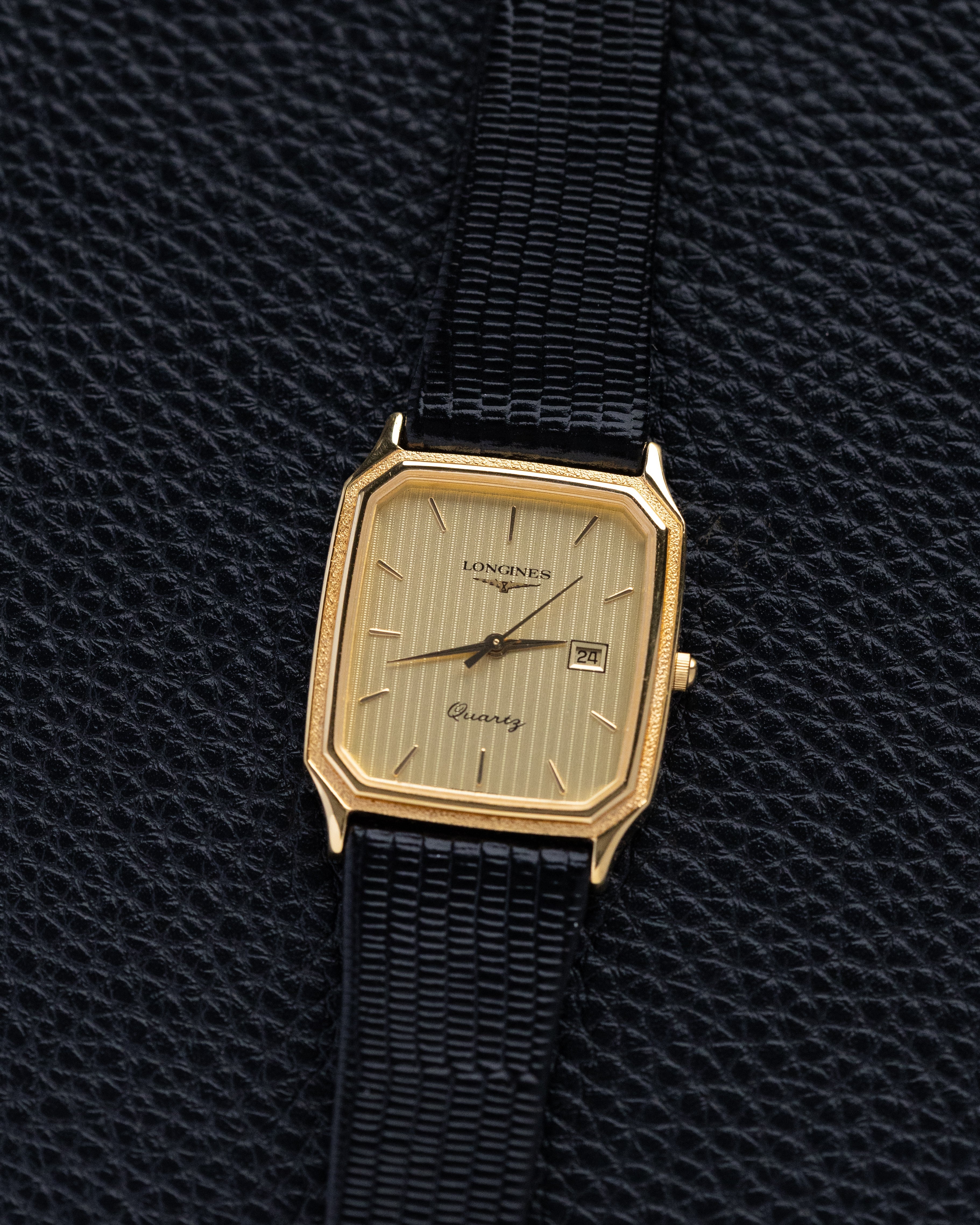 Vintage Longines Swiss Quartz Watch, Date Window, Art Deco Tank, Stripped Dial from 1985 - DuMarko