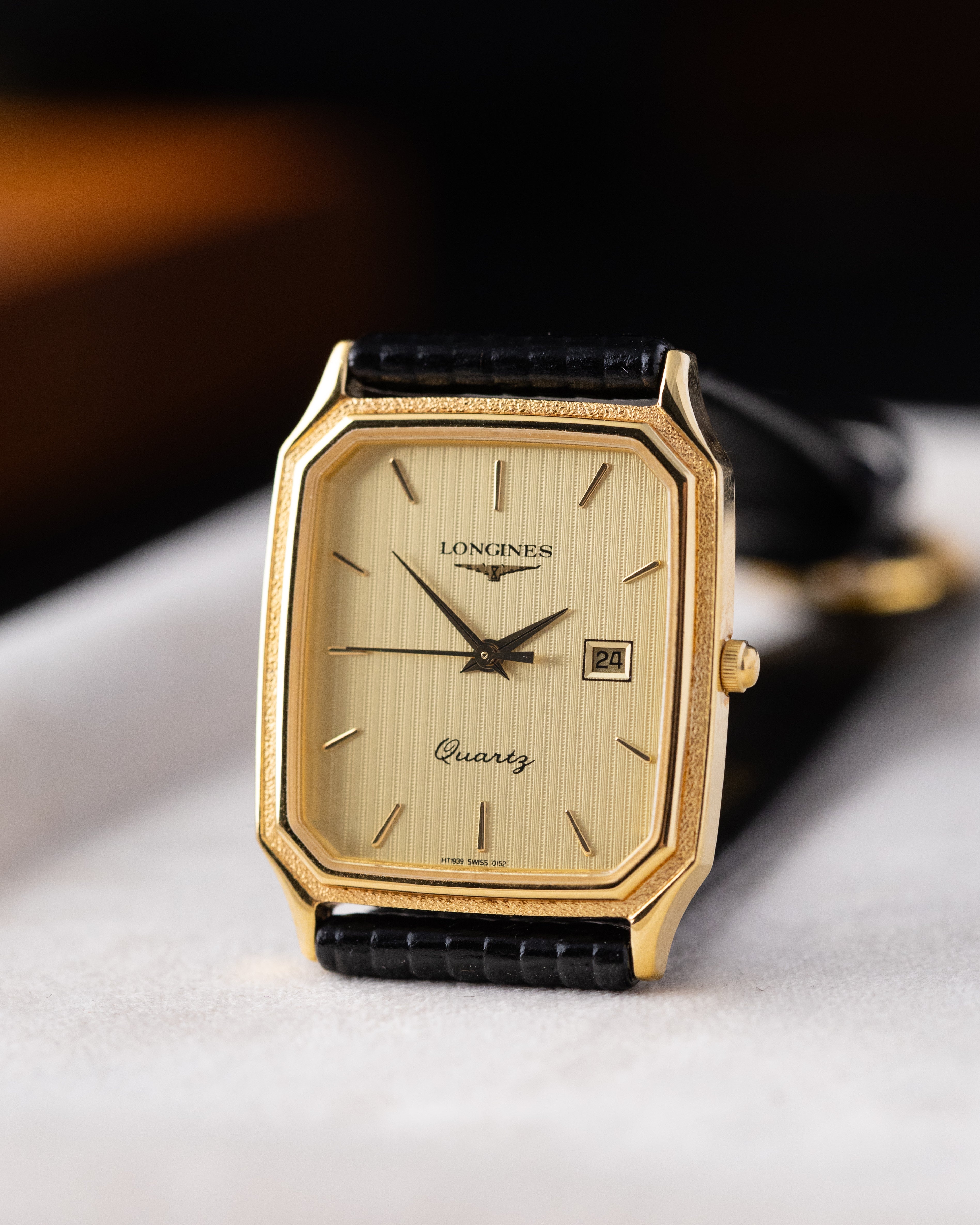 Vintage Longines Swiss Quartz Watch, Date Window, Art Deco Tank, Stripped Dial from 1985 - DuMarko