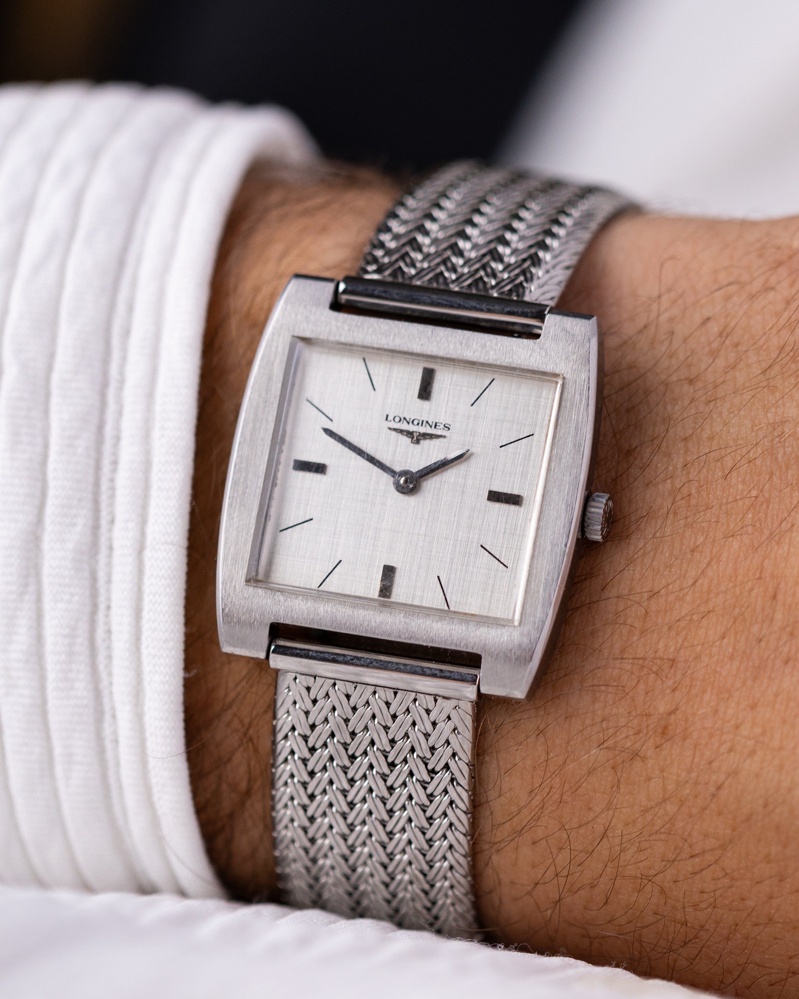 Vintage Longines Swiss Watch, Square Tank, Silver Linen Dial from 1970’s - DuMarko