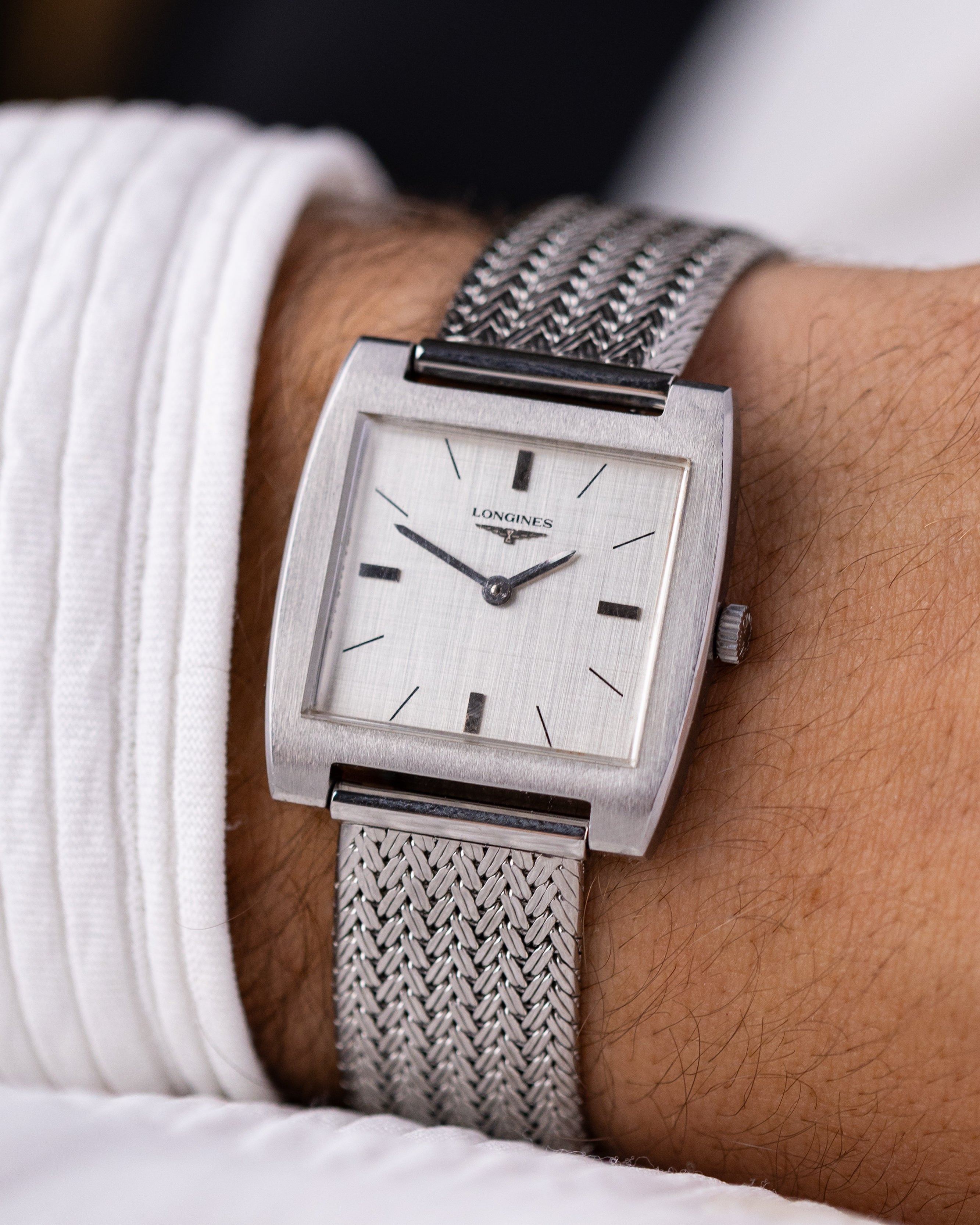 Vintage Longines Swiss Watch, Square Tank, Silver Linen Dial from 1970’s - DuMarko