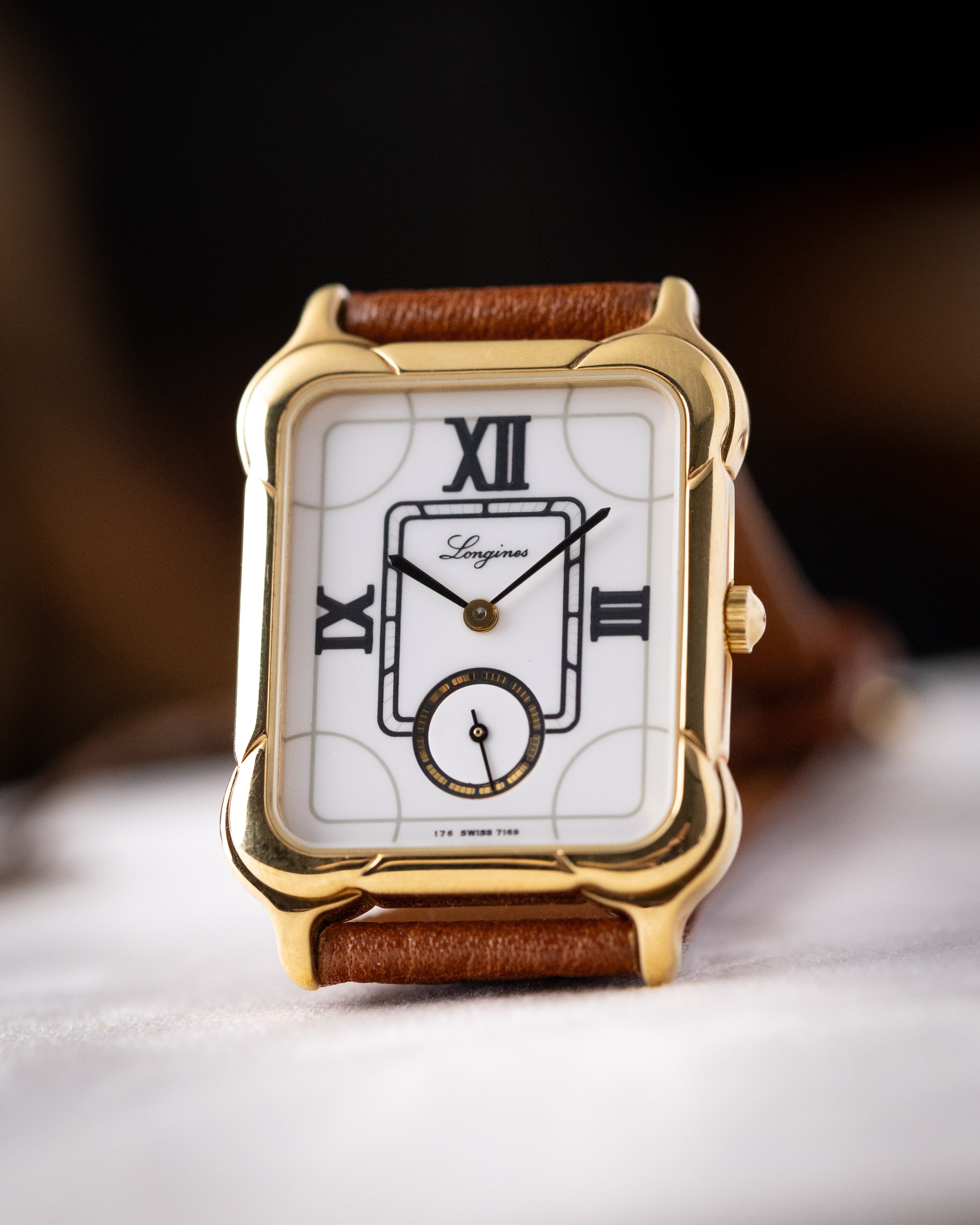 Vintage Longines Tank “Bubble” Sub Seconds Ref. 7169, Quartz, Gold Plated, NOS with Tag, 1980s - DuMarko