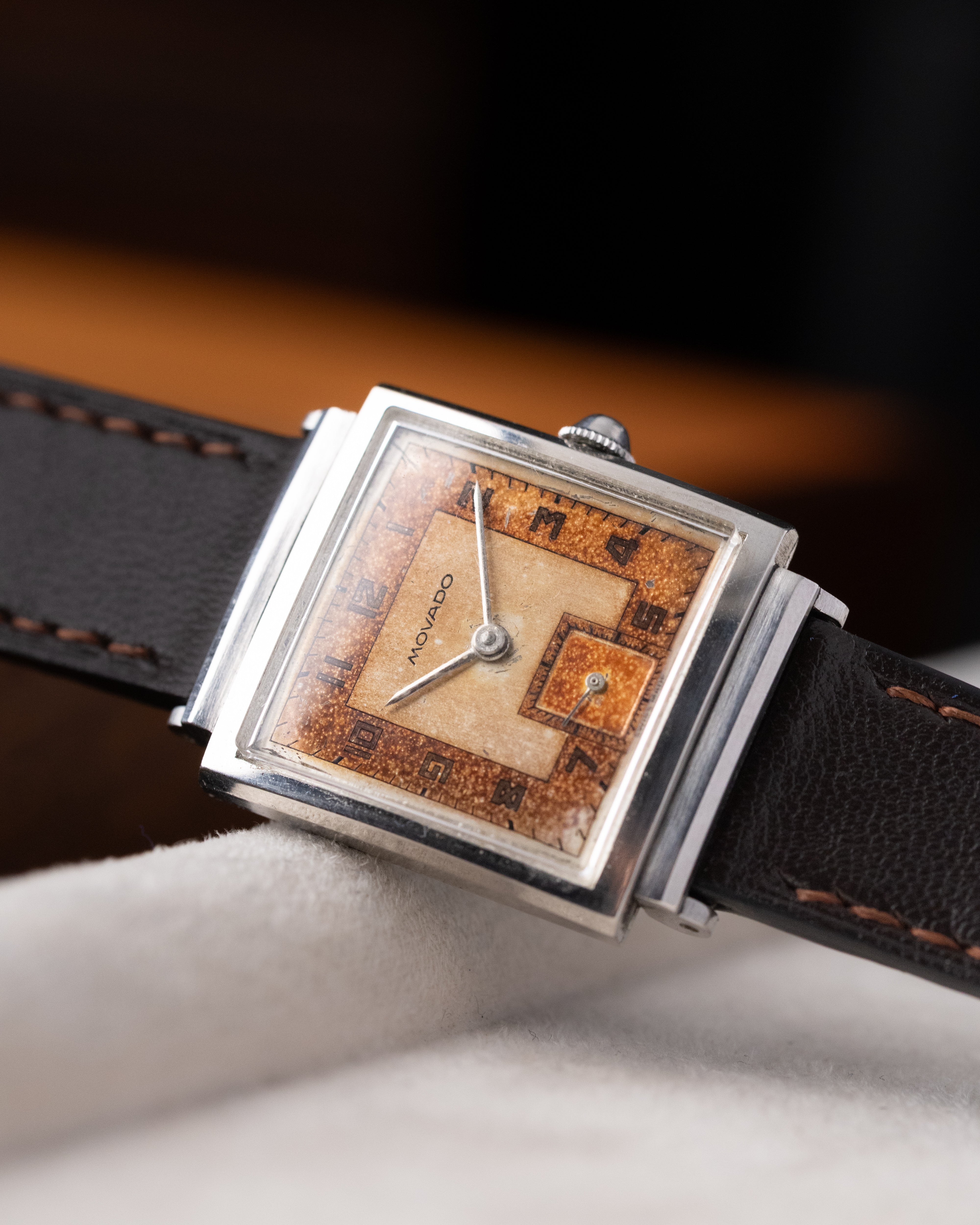 Vintage Movado Swiss Watch, Art Deco Square Tank, Two - tone Salmon Dial from 1940's, Beautiful patina - DuMarko