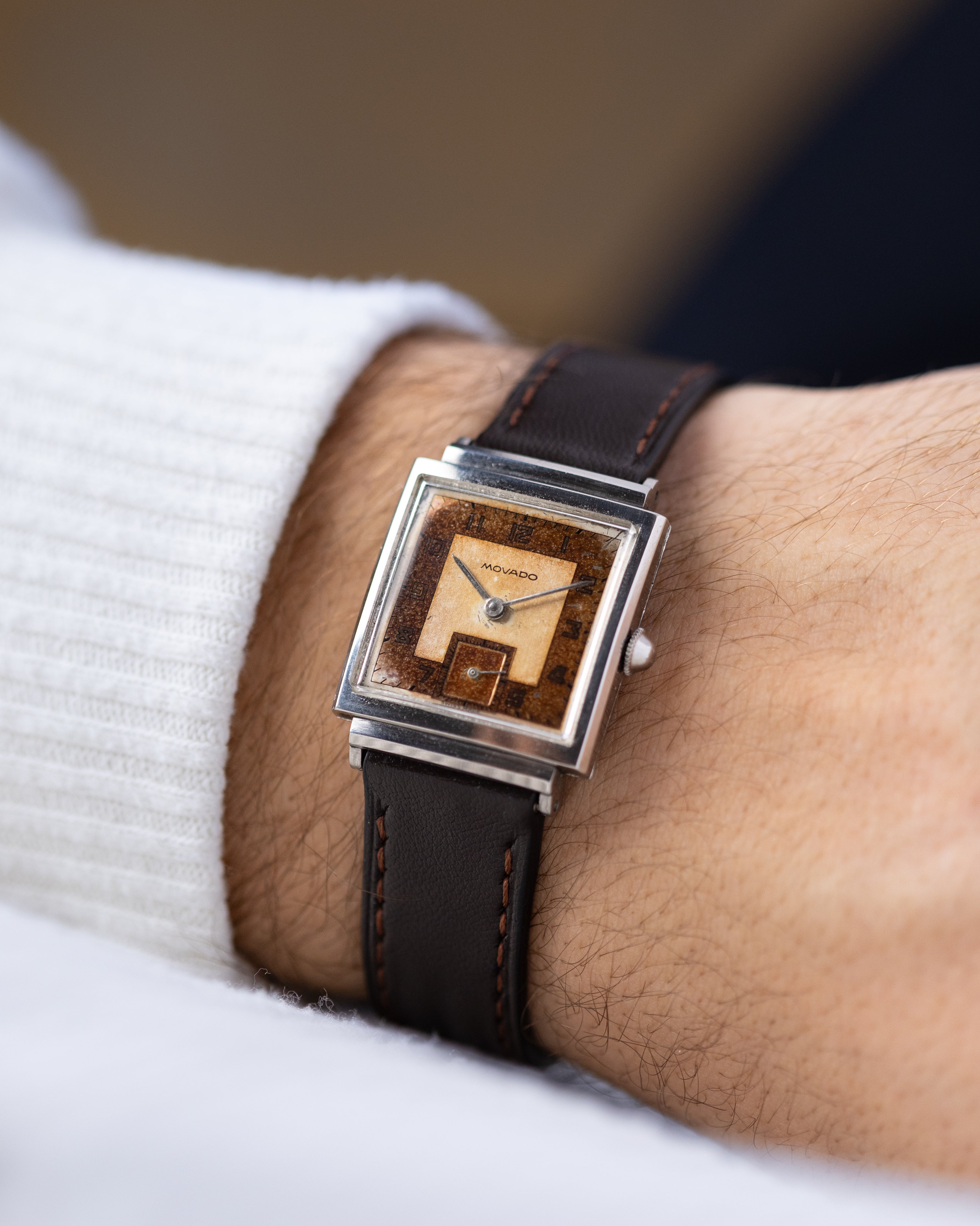 Vintage Movado Swiss Watch, Art Deco Square Tank, Two - tone Salmon Dial from 1940's, Beautiful patina - DuMarko