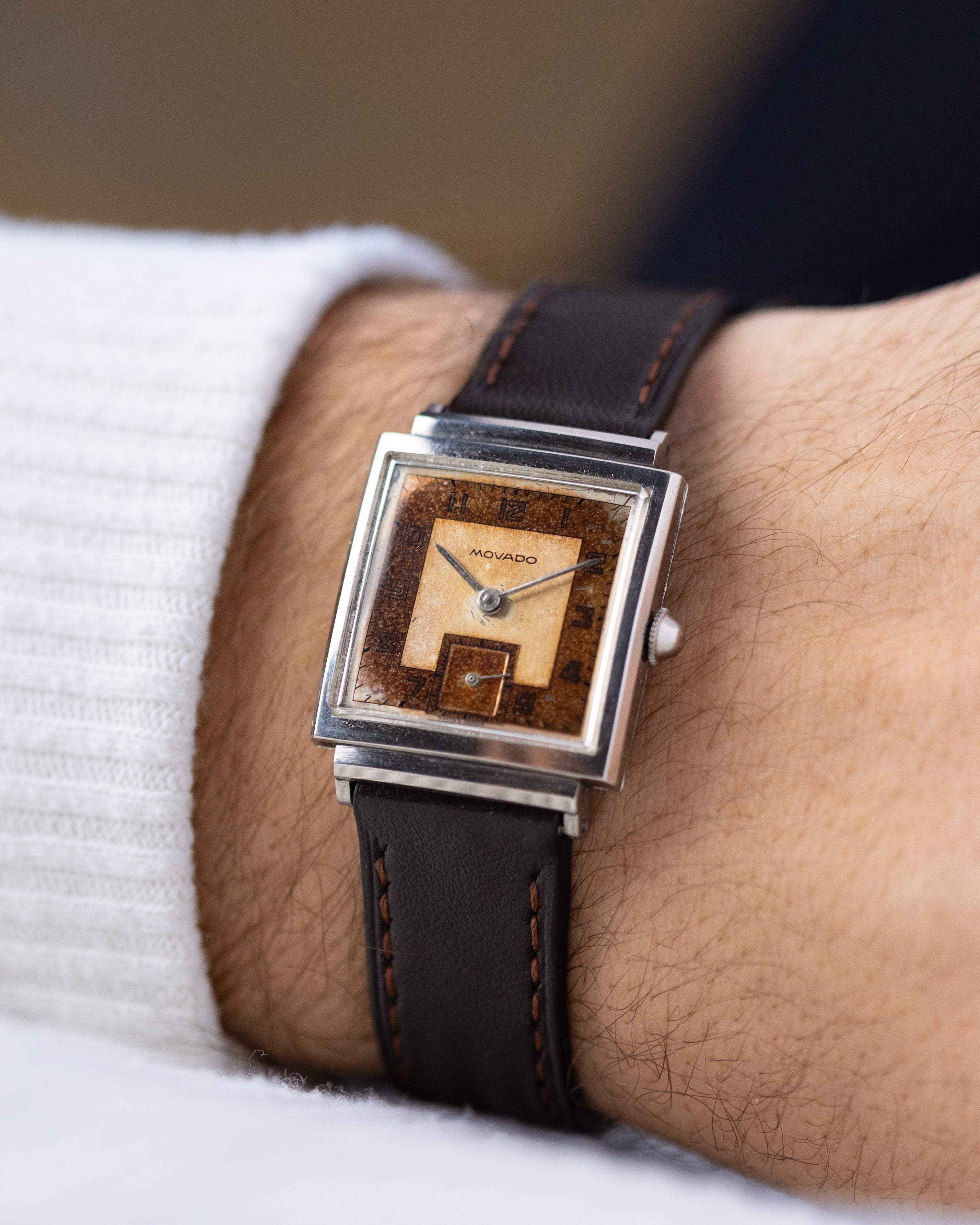 Vintage Movado Swiss Watch, Art Deco Square Tank, Two - tone Salmon Dial from 1940's, Beautiful patina - DuMarko