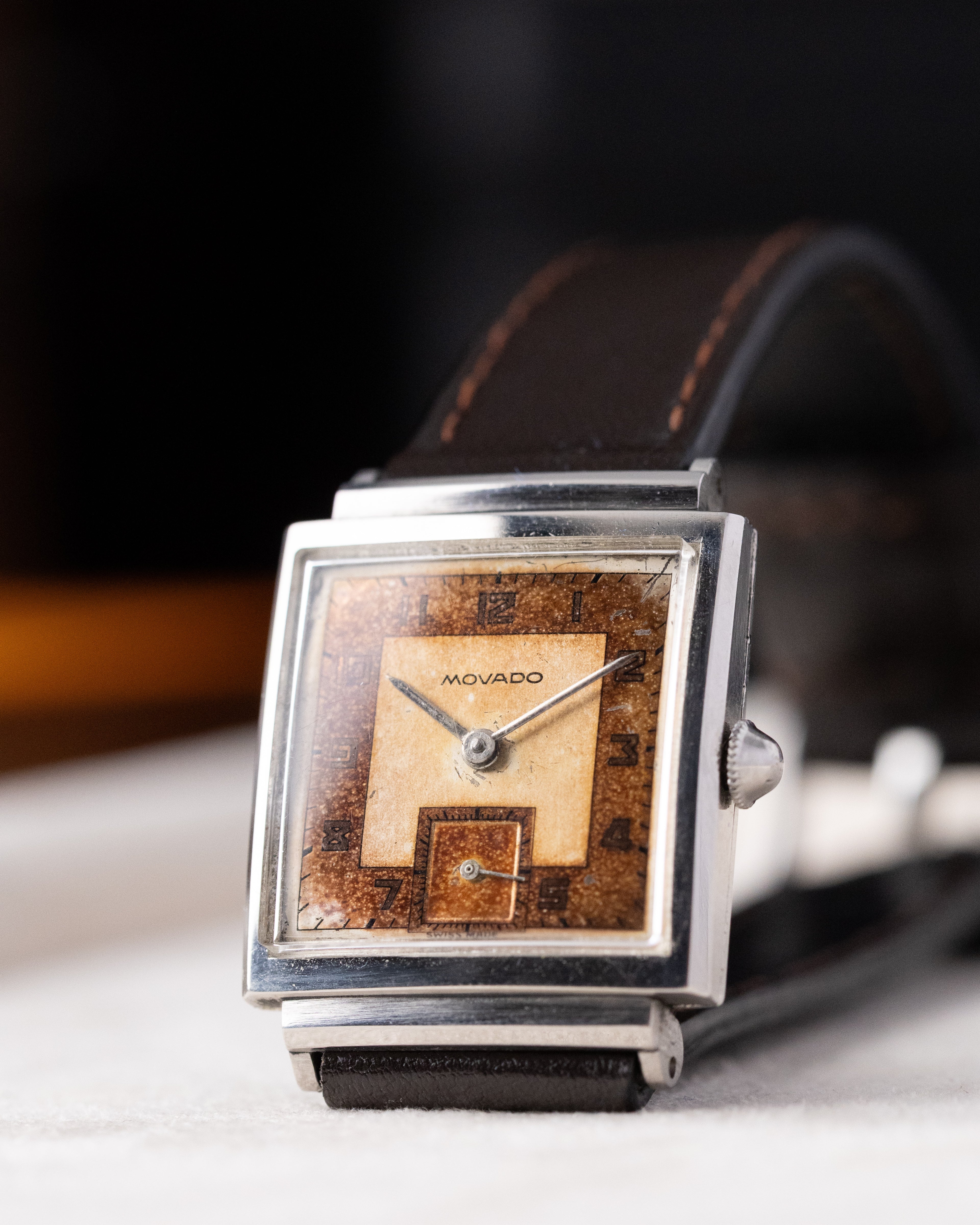 Vintage Movado Swiss Watch, Art Deco Square Tank, Two - tone Salmon Dial from 1940's, Beautiful patina - DuMarko