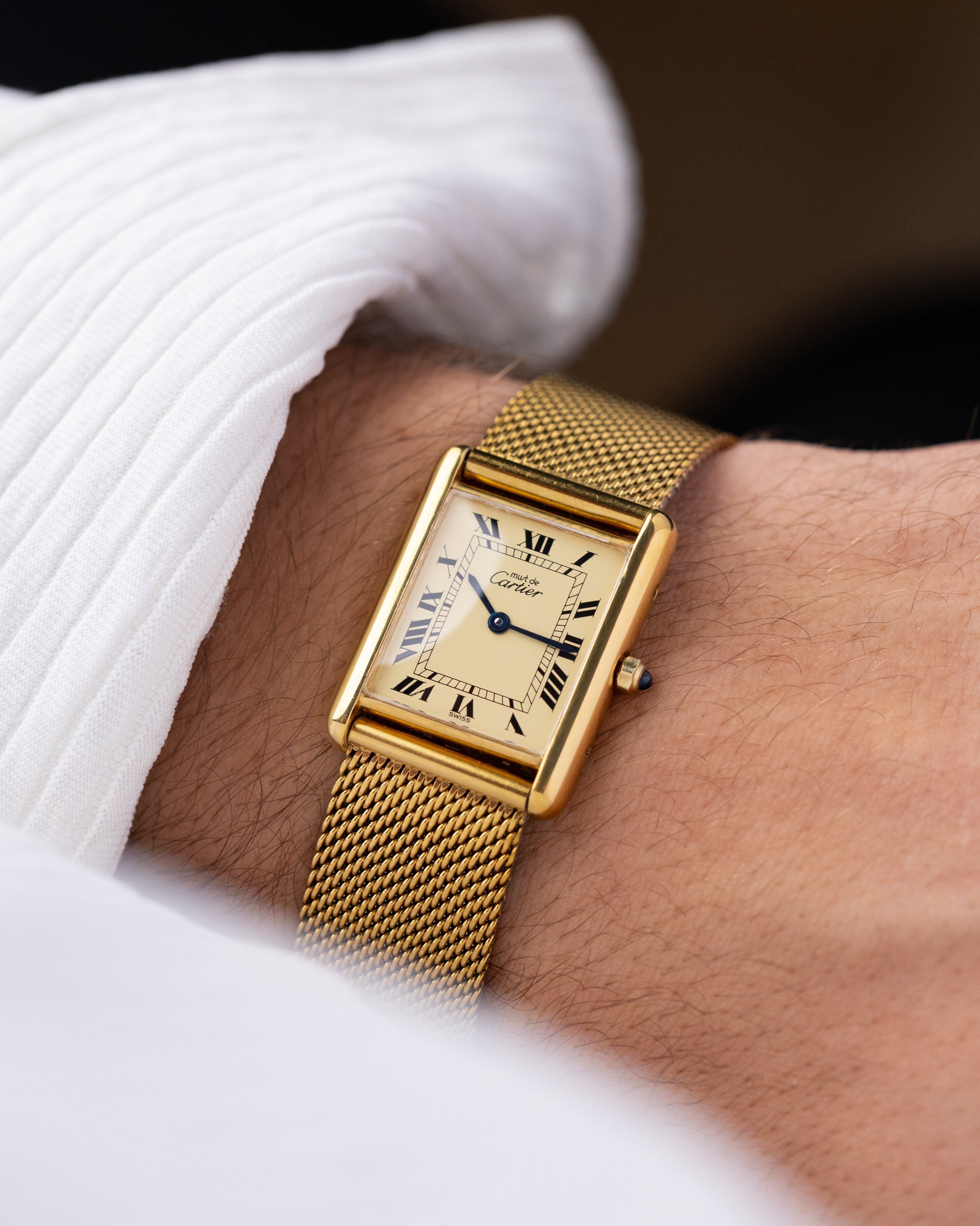 Vintage Must de Cartier Tank Vermeil, Lemon Dial with roman numerals, Ref. 6 81006 from 1980s, with original documents. - DuMarko