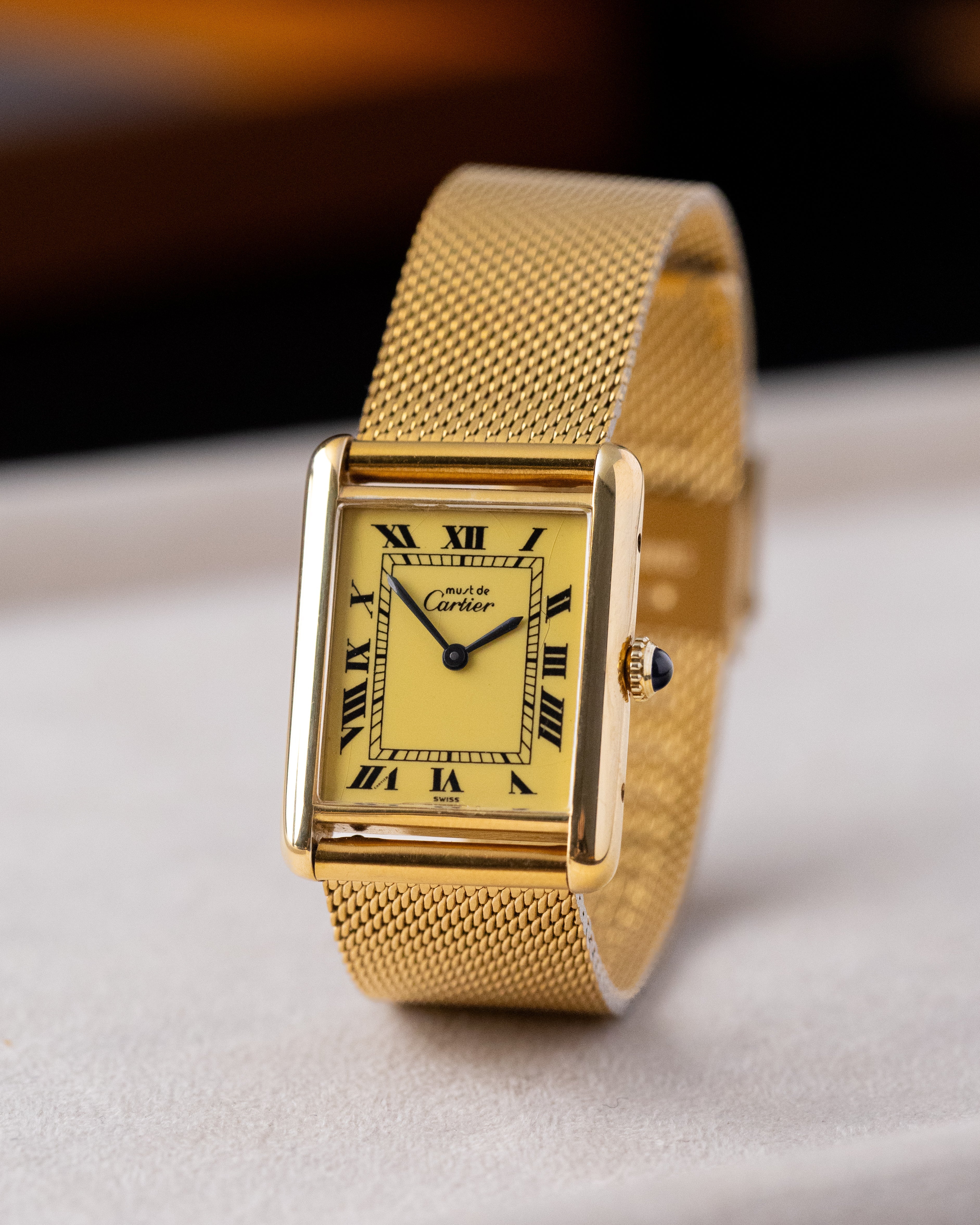 Vintage Must de Cartier Tank Vermeil, Mechanical, Lemon Dial with roman numerals, Ref. 6 040003 from 1980s - DuMarko
