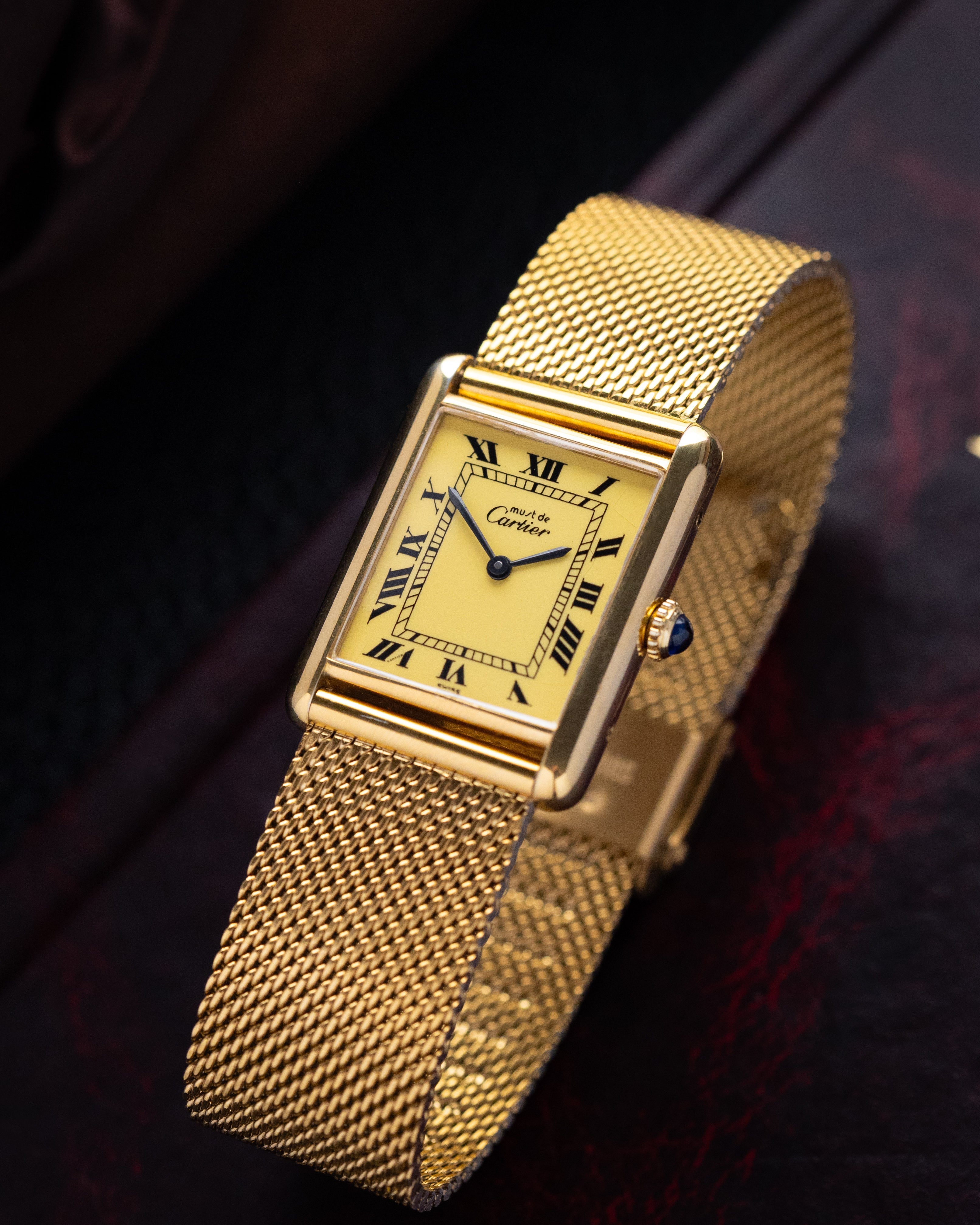 Vintage Must de Cartier Tank Vermeil, Mechanical, Lemon Dial with roman numerals, Ref. 6 040003 from 1980s - DuMarko