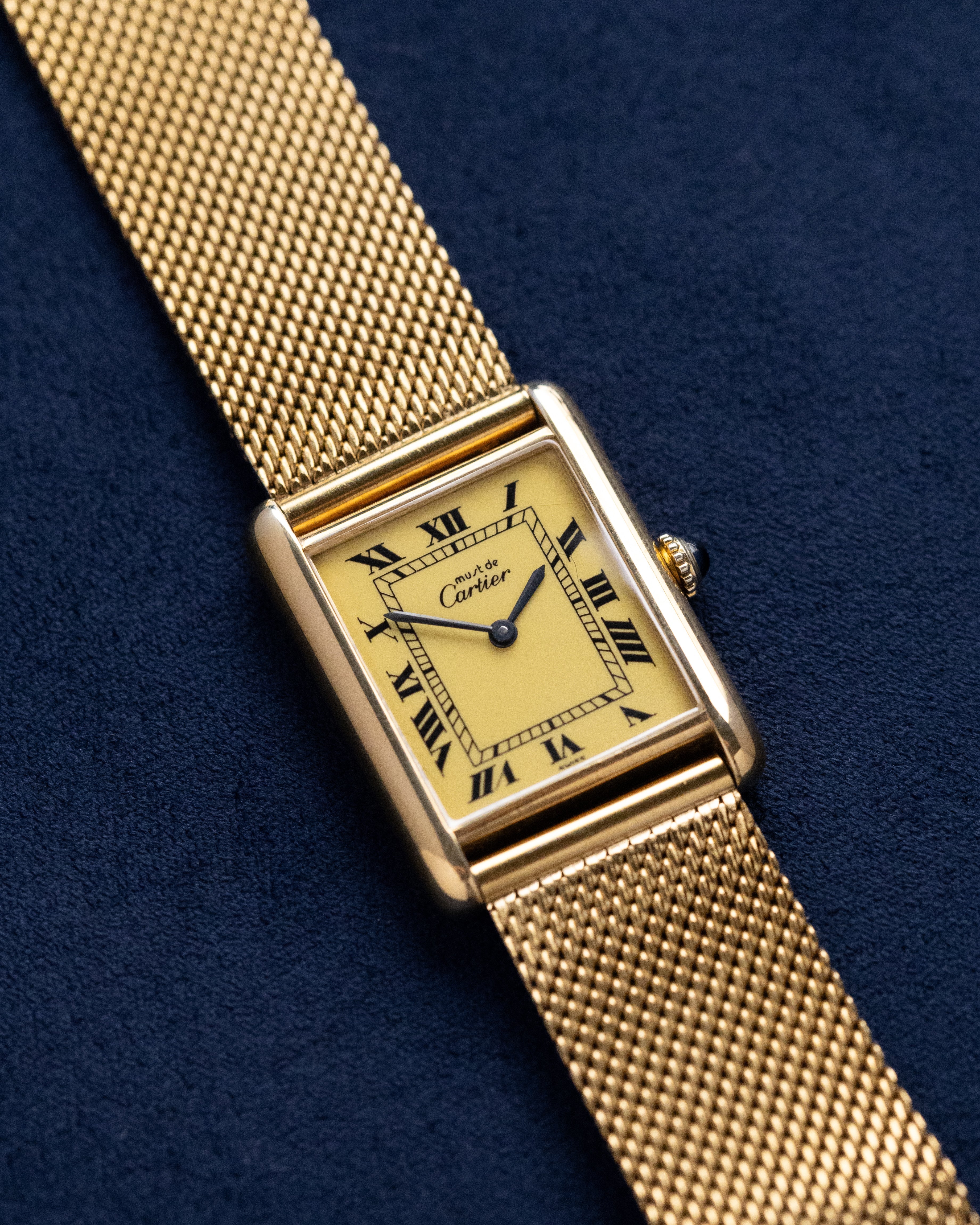 Vintage Must de Cartier Tank Vermeil, Mechanical, Lemon Dial with roman numerals, Ref. 6 040003 from 1980s - DuMarko