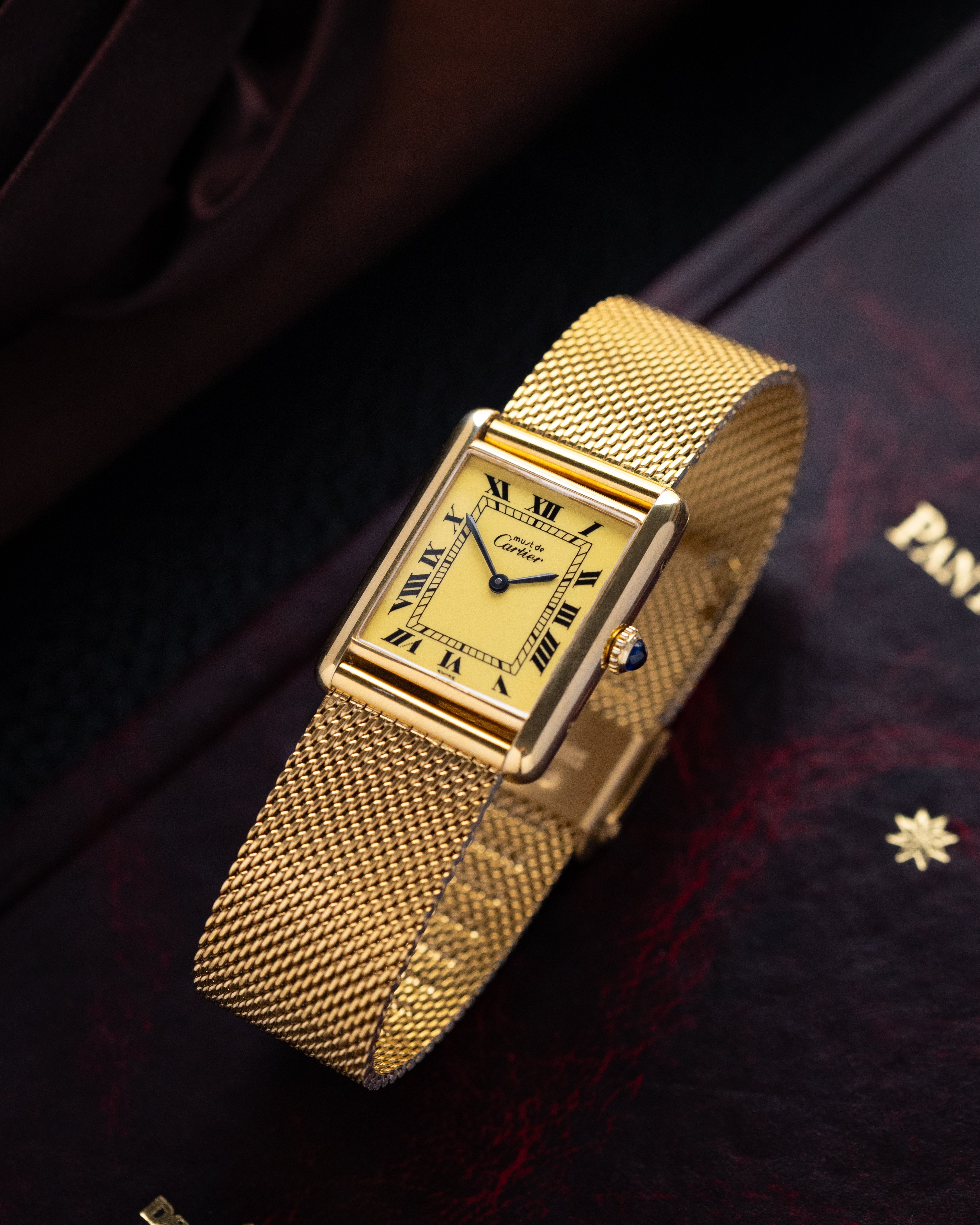 Vintage Must de Cartier Tank Vermeil, Mechanical, Lemon Dial with roman numerals, Ref. 6 040003 from 1980s - DuMarko