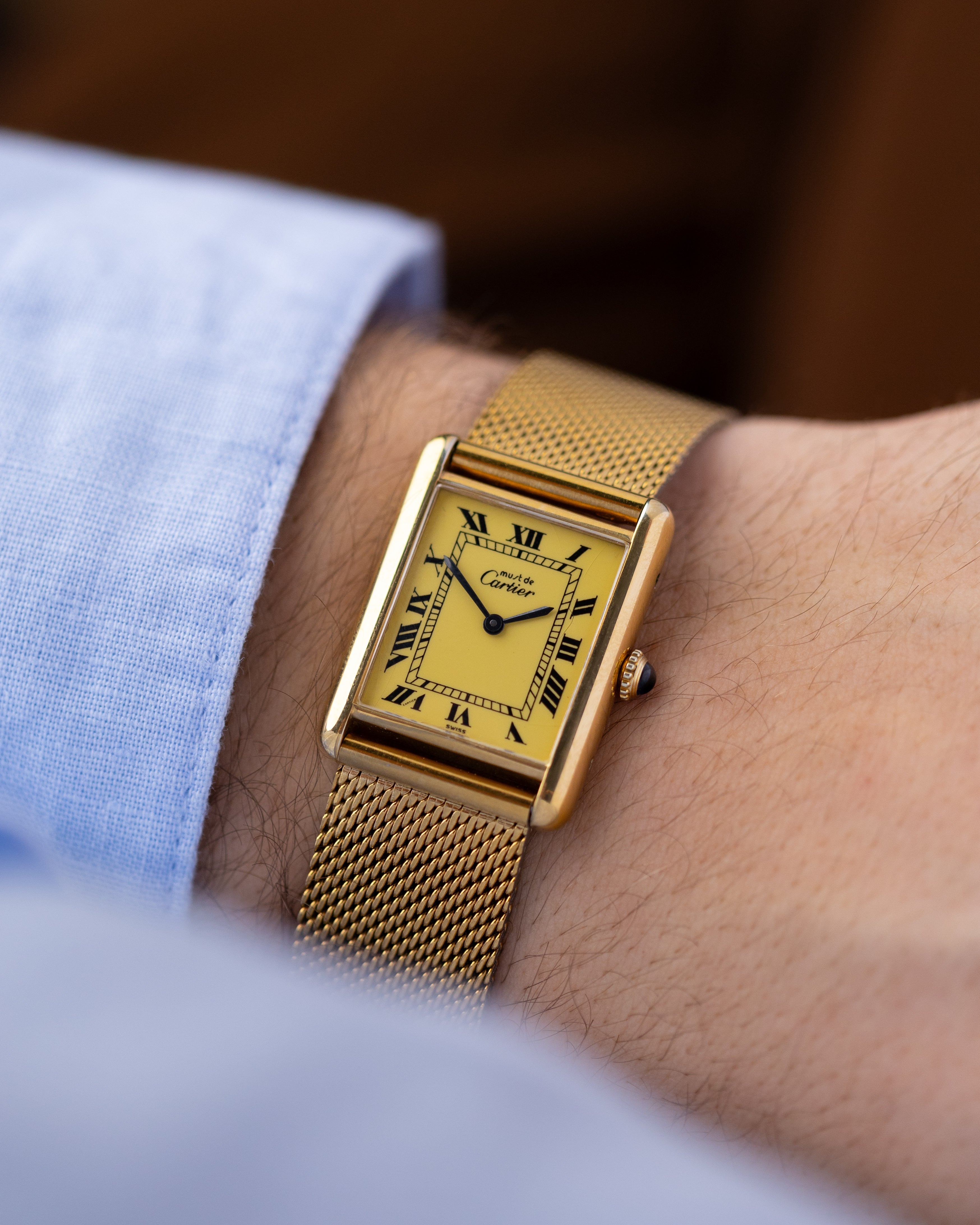 Vintage Must de Cartier Tank Vermeil, Mechanical, Lemon Dial with roman numerals, Ref. 6 040003 from 1980s - DuMarko