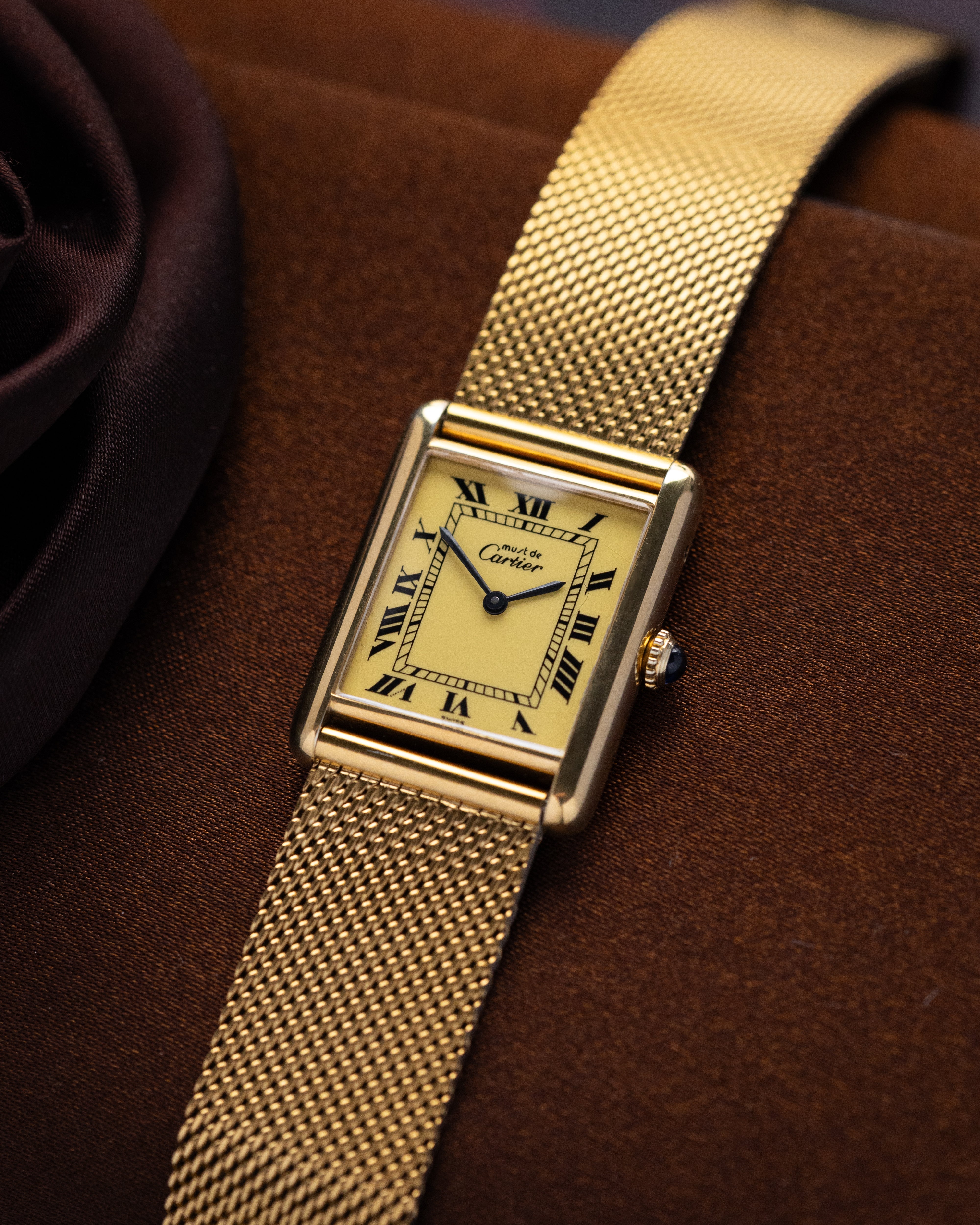 Vintage Must de Cartier Tank Vermeil, Mechanical, Lemon Dial with roman numerals, Ref. 6 040003 from 1980s - DuMarko