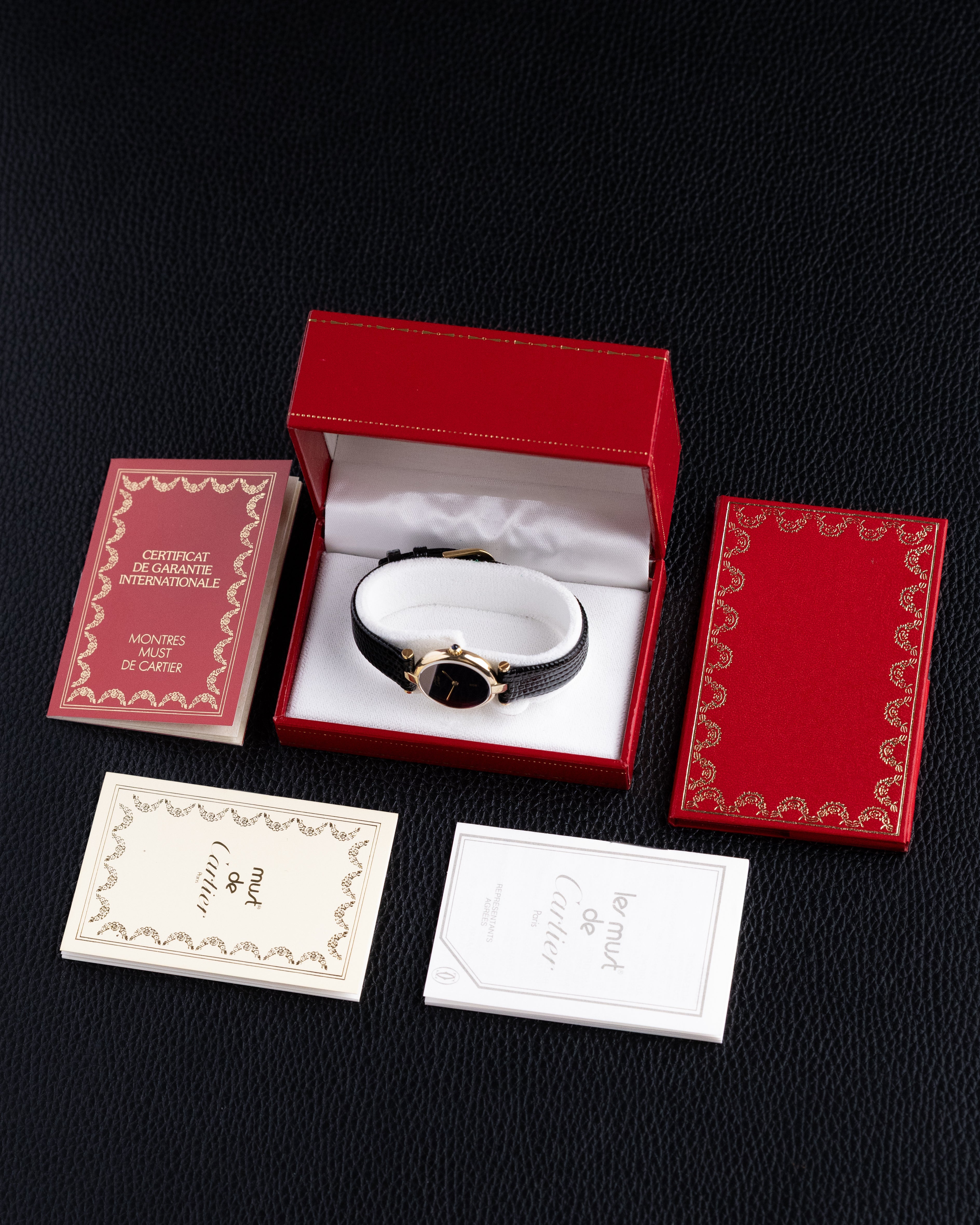 Vintage Must de Cartier Vendome Quartz, “Onyx” Style Black Dial, Original Box and Documents (Full Set) - DuMarko