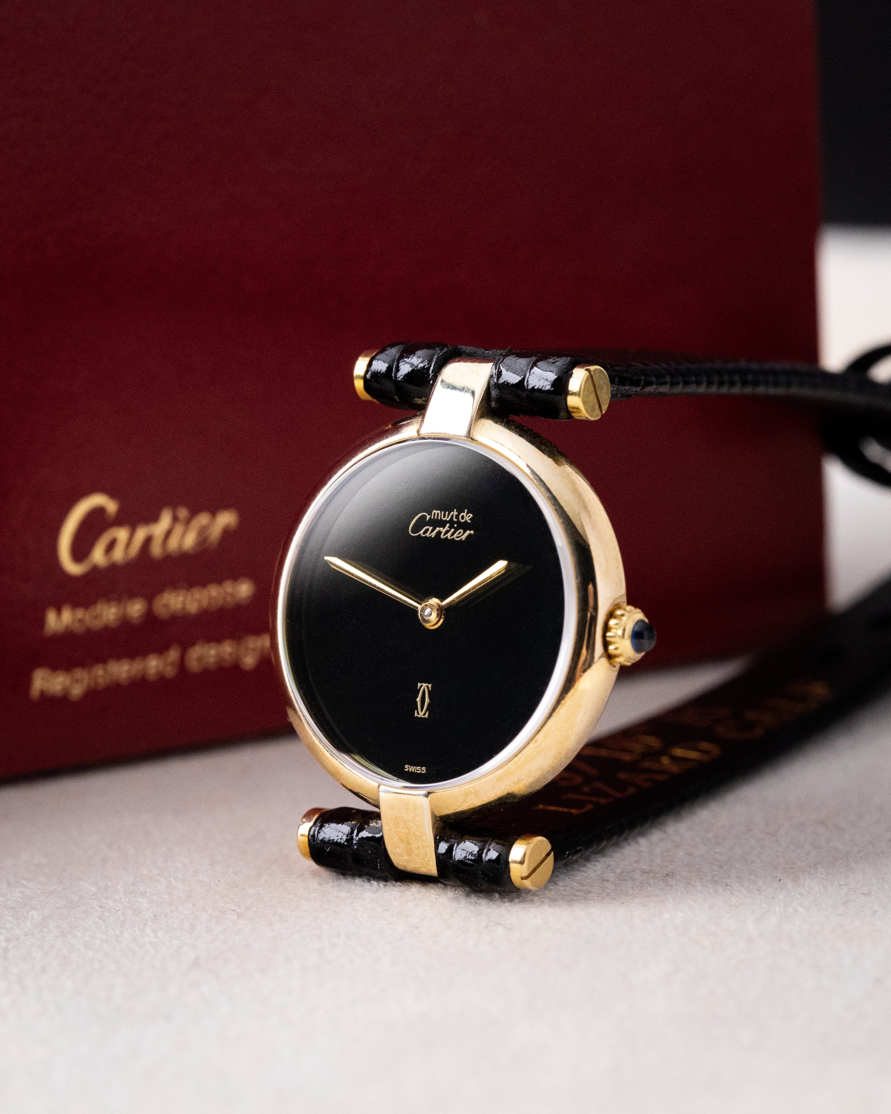 Vintage Must de Cartier Vendome Quartz, “Onyx” Style Black Dial, Original Box and Documents (Full Set) - DuMarko
