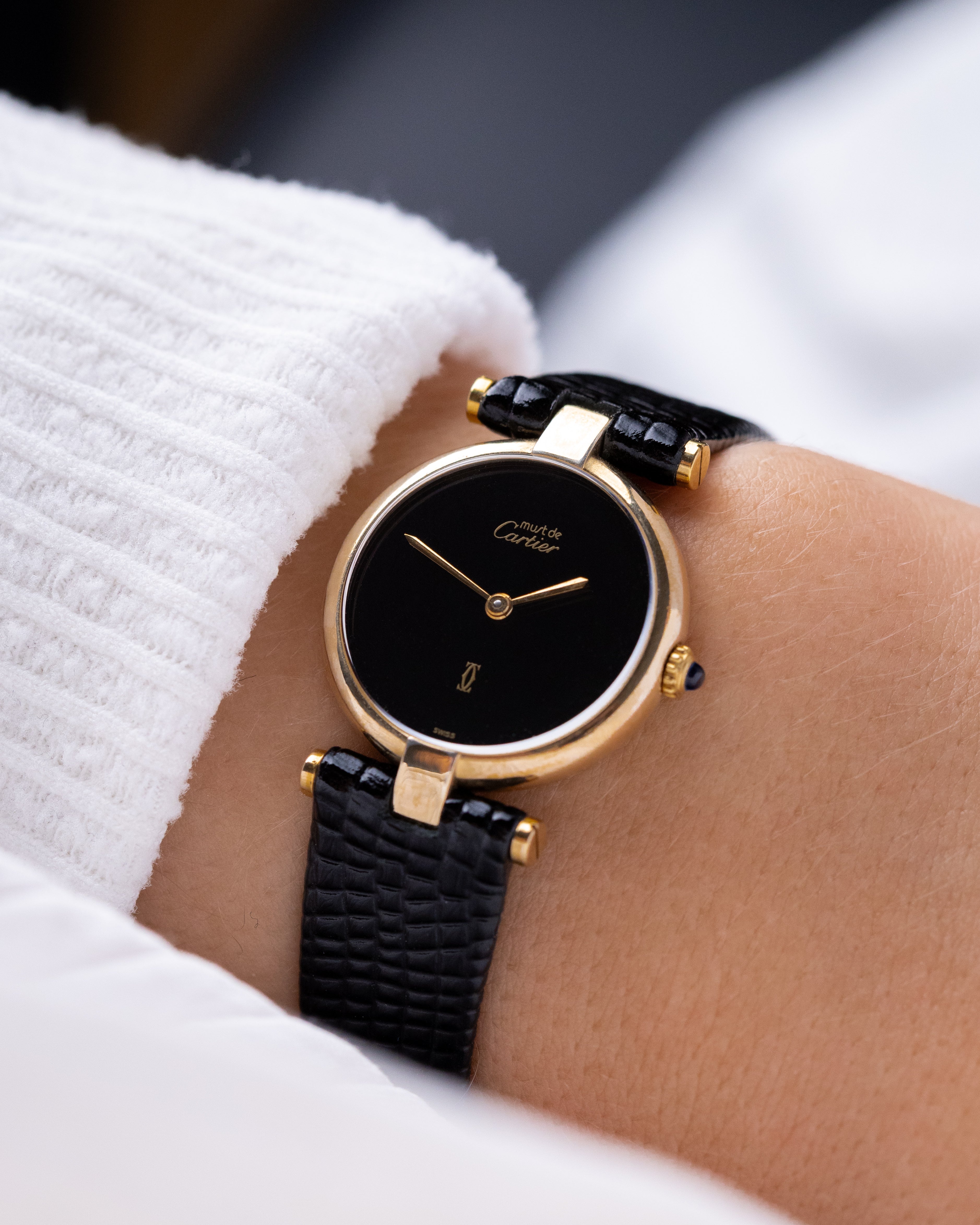 Vintage Must de Cartier Vendome Quartz, “Onyx” Style Black Dial, Original Box and Documents (Full Set) - DuMarko