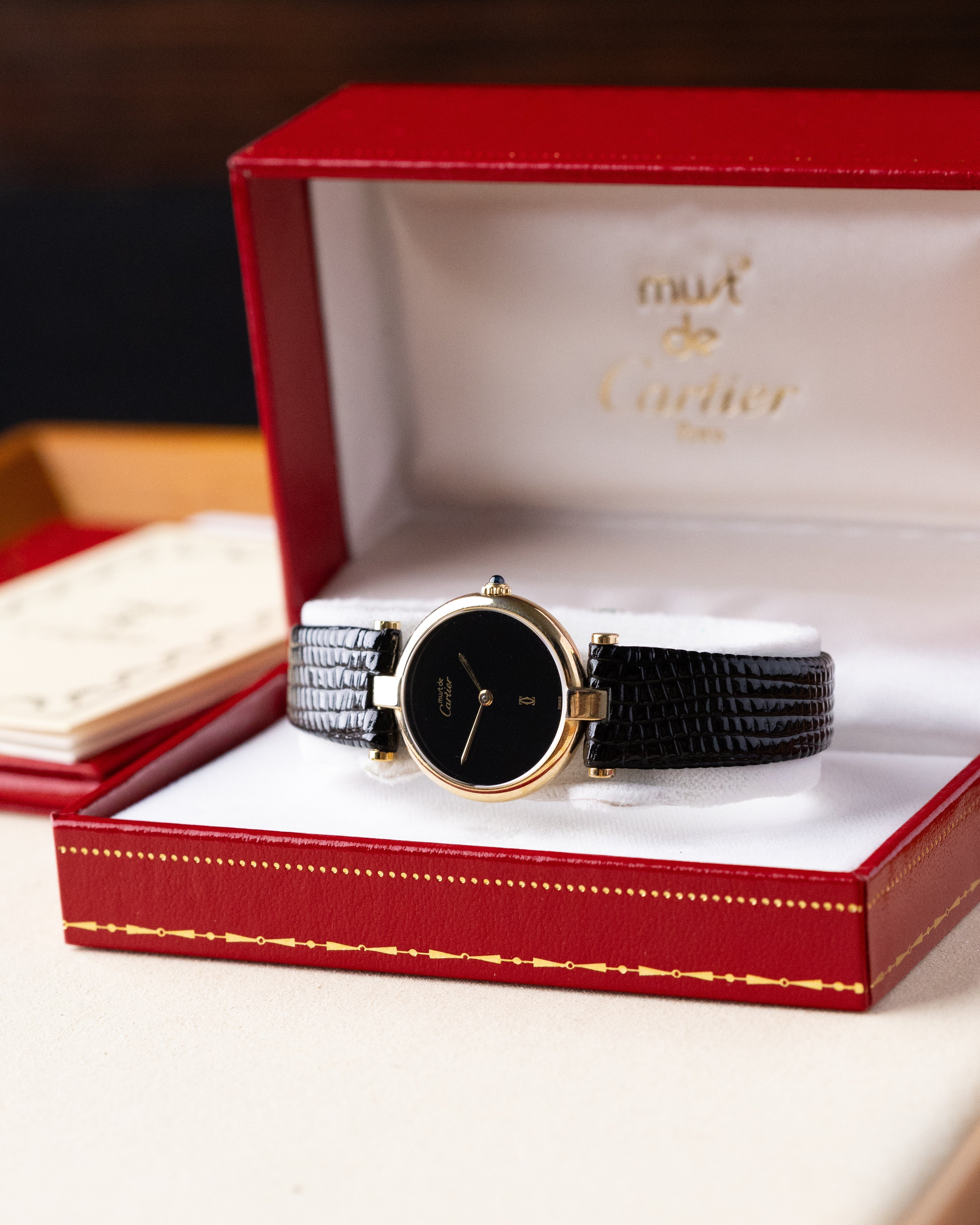 Vintage Must de Cartier Vendome Quartz, “Onyx” Style Black Dial, Original Box and Documents (Full Set) - DuMarko