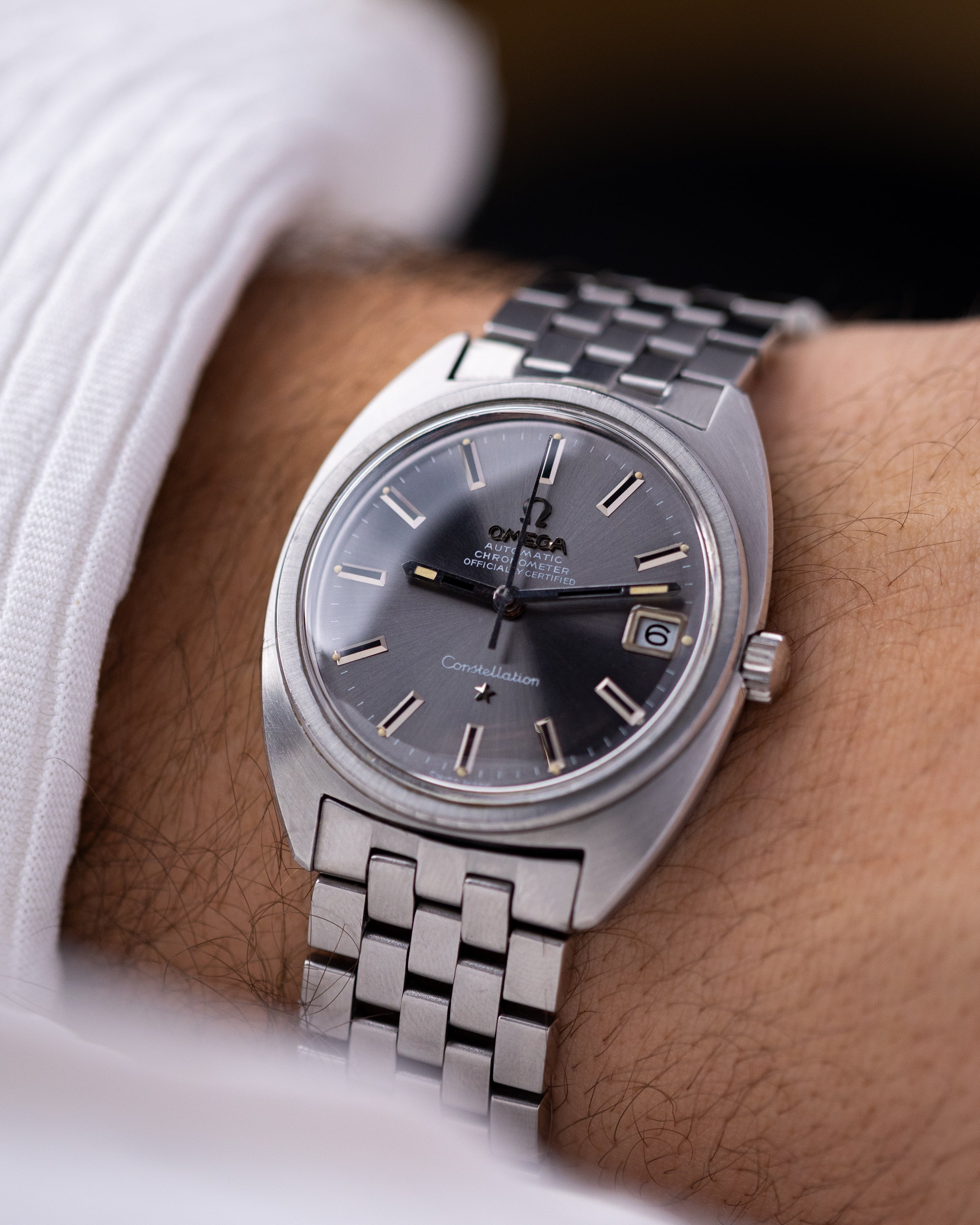 Vintage Omega Constellation Watch, C - Shape Case, Ref. 168017, Grey Dial Date, Cal. 564 c.1970 - DuMarko